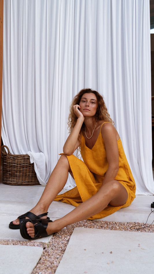 Marigold linen midi slip dress Anka Long strap cami dress Simple basic summer dress Minimalist casual pure linen dress Custom size