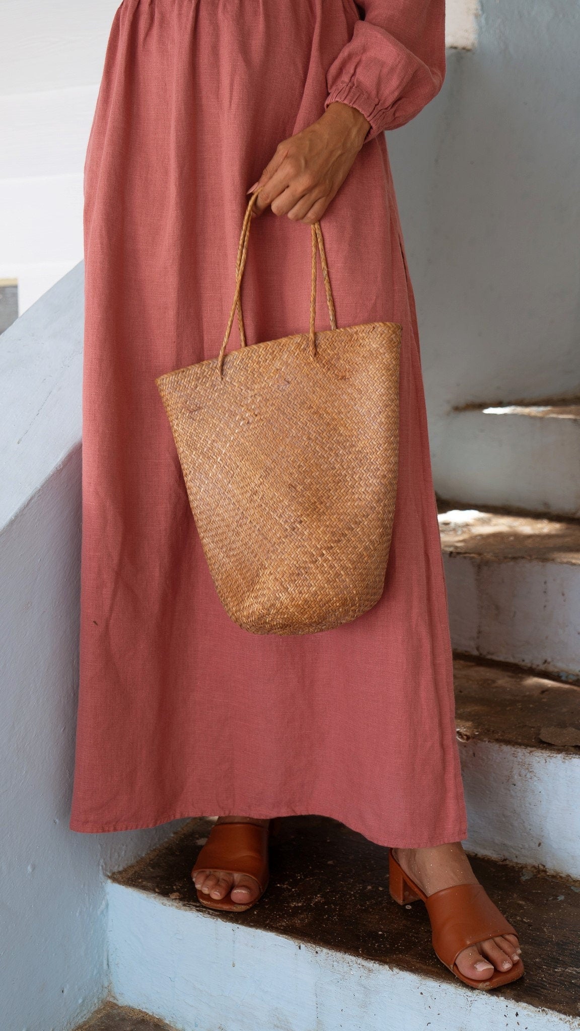 Lime linen maxi dress Helena Linen long sleeve dress with elastic waist Deep plunge v neck boho dress with pockets Plus custom sizes