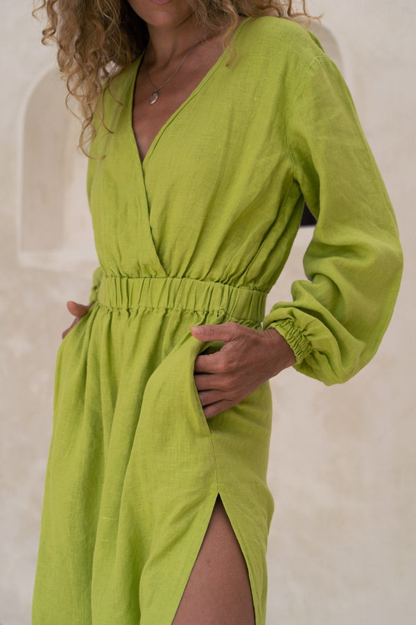 Lime linen maxi dress Helena Linen long sleeve dress with elastic waist Deep plunge v neck boho dress with pockets Plus custom sizes