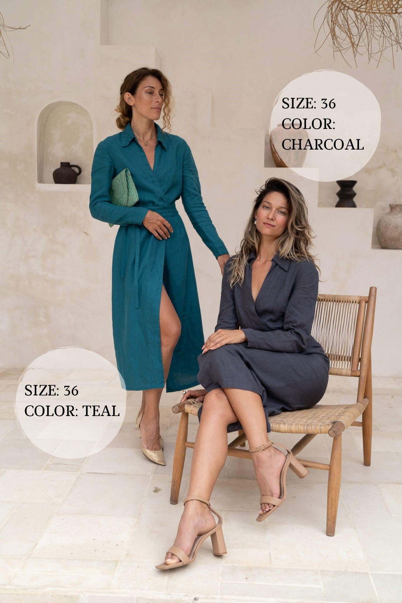 Office charcoal linen wrap midi dress Maria Linen mid calf long sleeve shirt style dress with belt Formal business dress Plus sizes