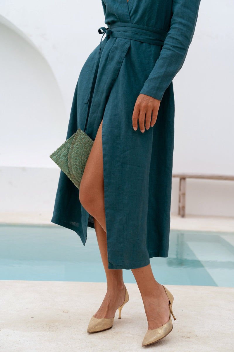 Office charcoal linen wrap midi dress Maria Linen mid calf long sleeve shirt style dress with belt Formal business dress Plus sizes