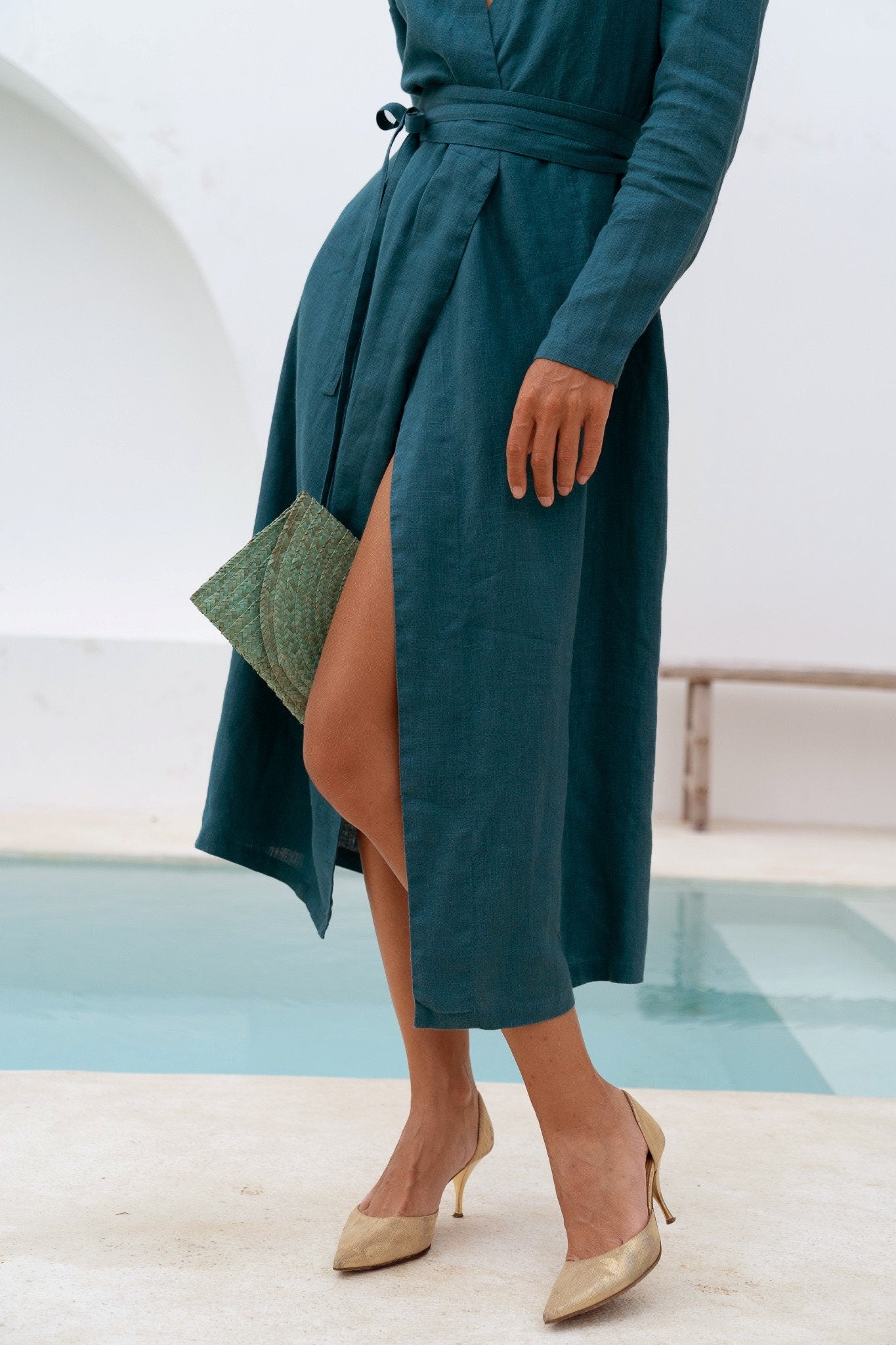 Office teal linen wrap midi dress Maria Linen mid calf long sleeve shirt style dress with belt Formal business dress Plus sizes