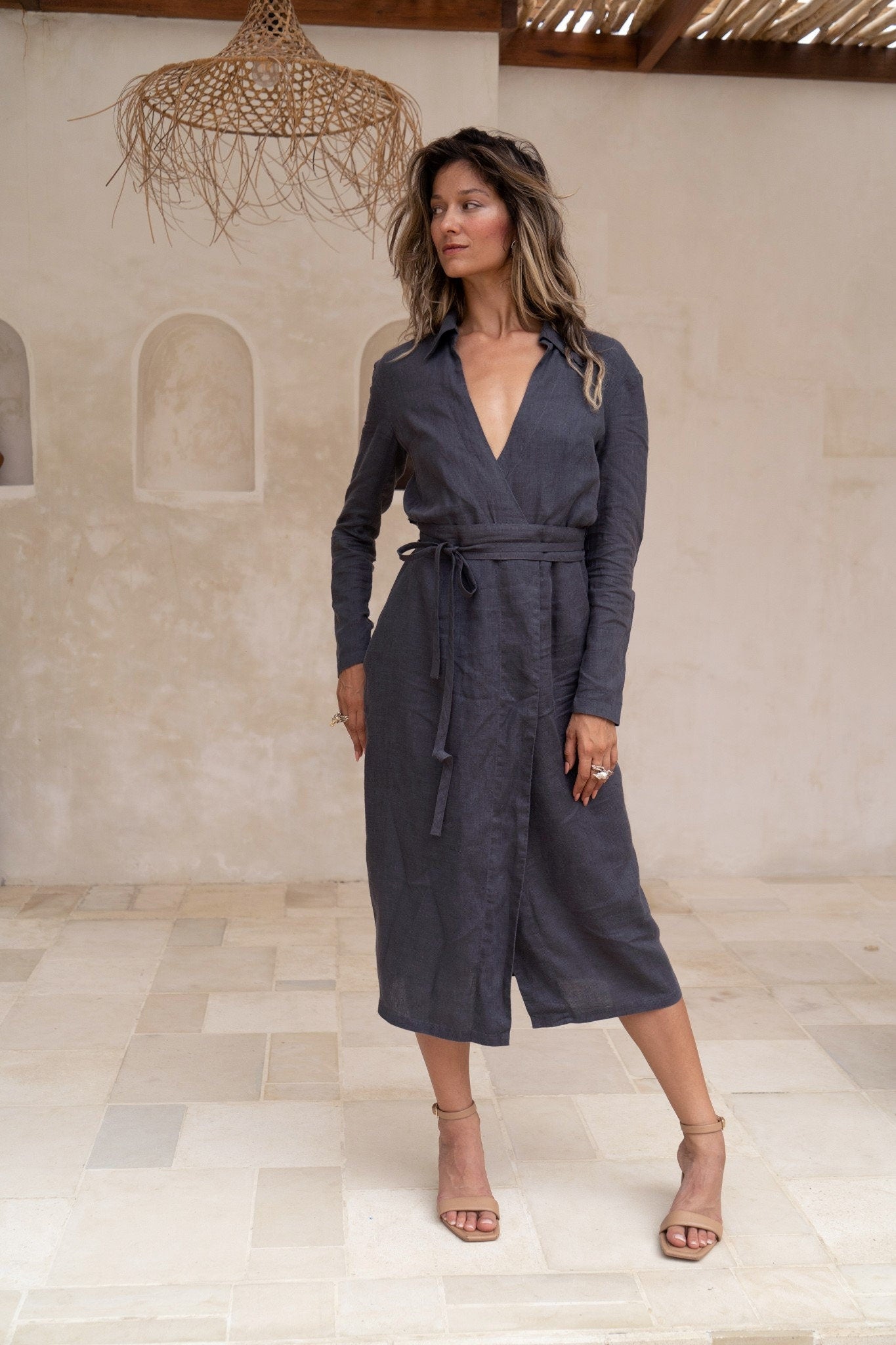 Office teal linen wrap midi dress Maria Linen mid calf long sleeve shirt style dress with belt Formal business dress Plus sizes