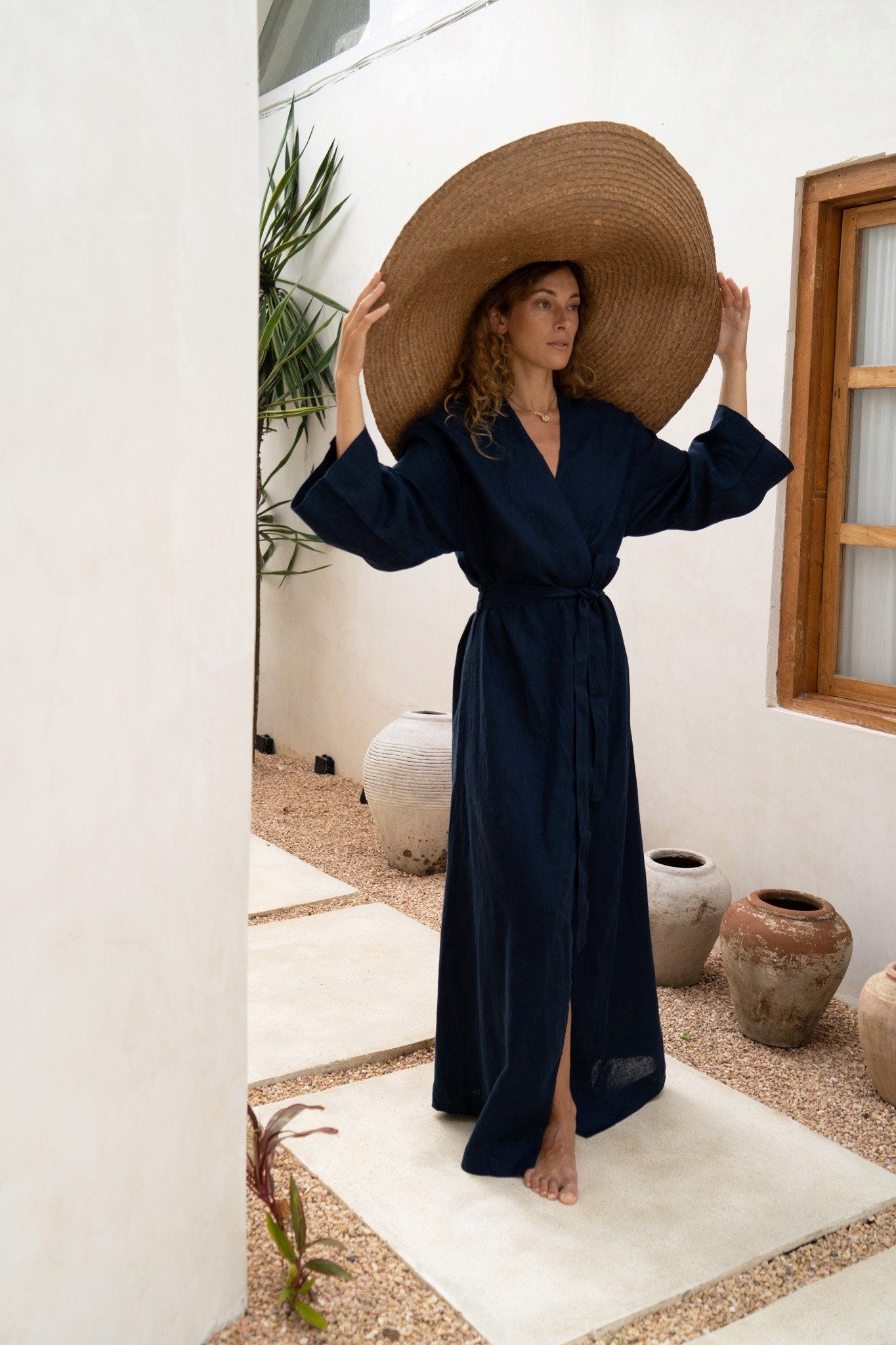 Teal linen kimono maxi dress Lexa Japanese kimono robe Softened linen long wrap dress Kimono wrap dress with belt Custom sizes