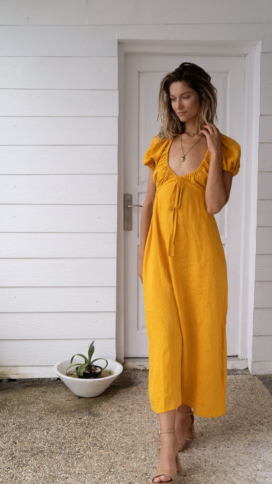 Marigold linen dress Flora Plunging neckline open back long linen dress with puffy sleeves Low cut dress with plunge back Custom size