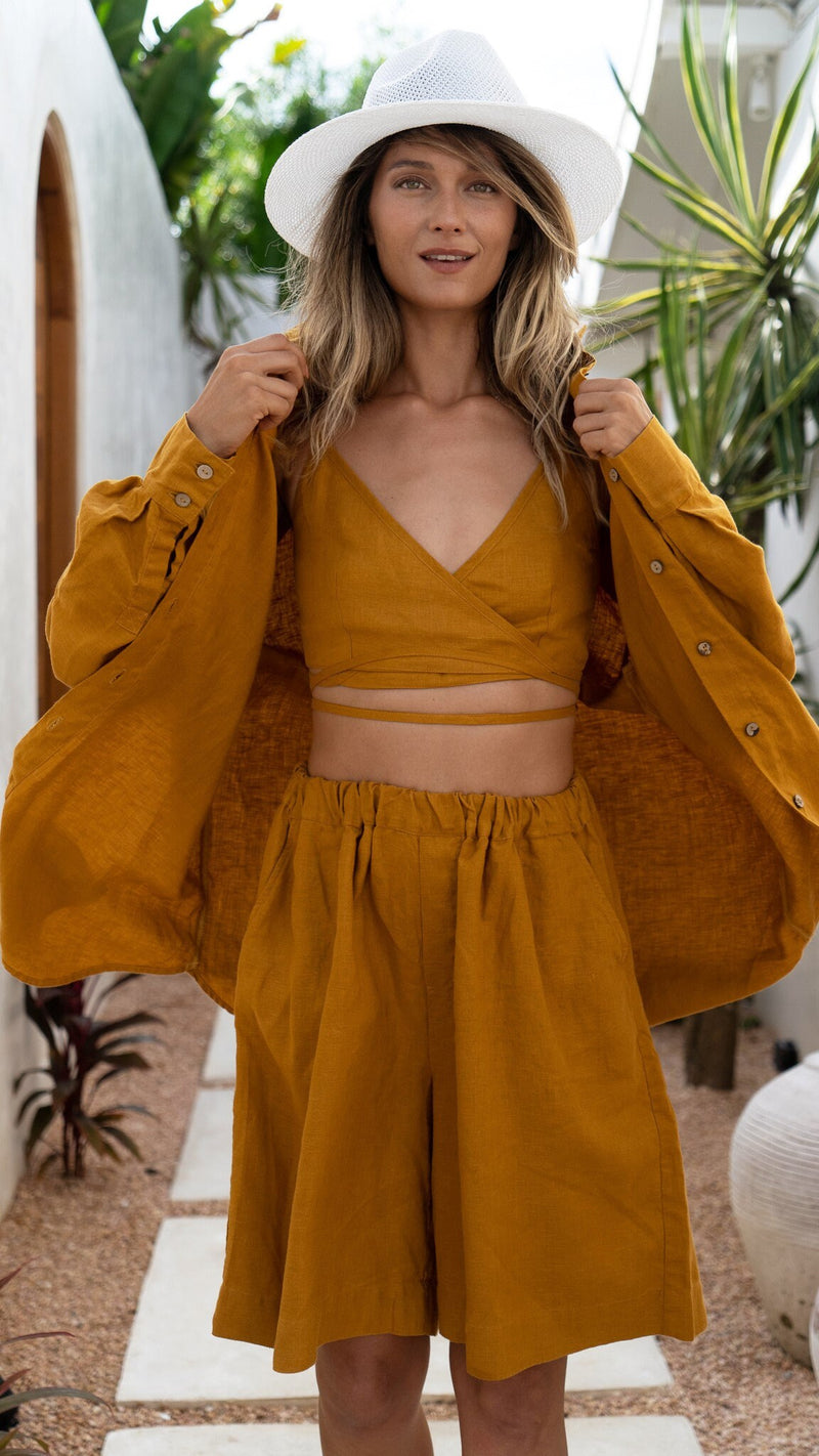 White linen set Kaia set Loose long sleeve linen shirt Kaia and high elastic waist shorts Samantha and wrap crop top Liana Custom sizes