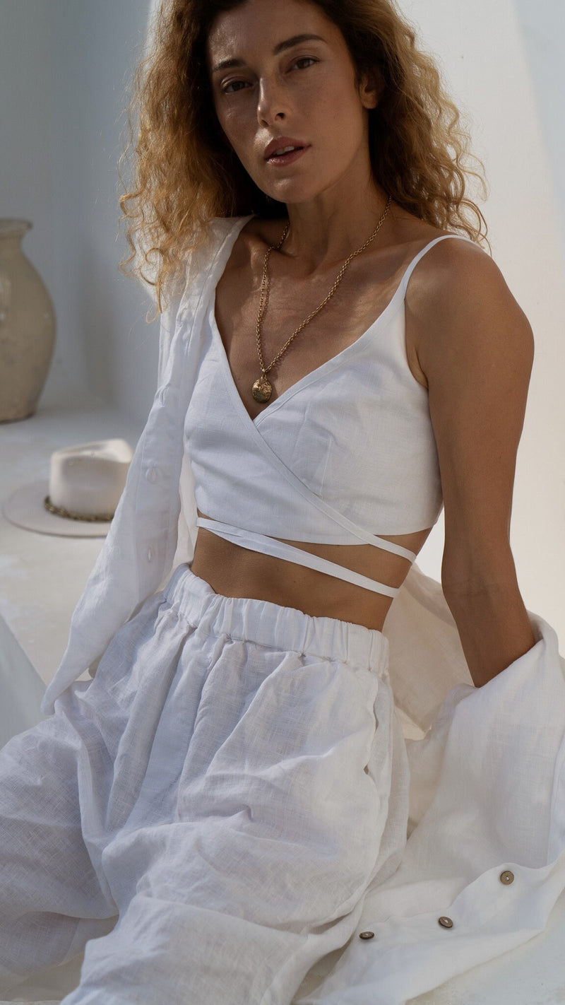 White linen set Kaia set Loose long sleeve linen shirt Kaia and high elastic waist shorts Samantha and wrap crop top Liana Custom sizes