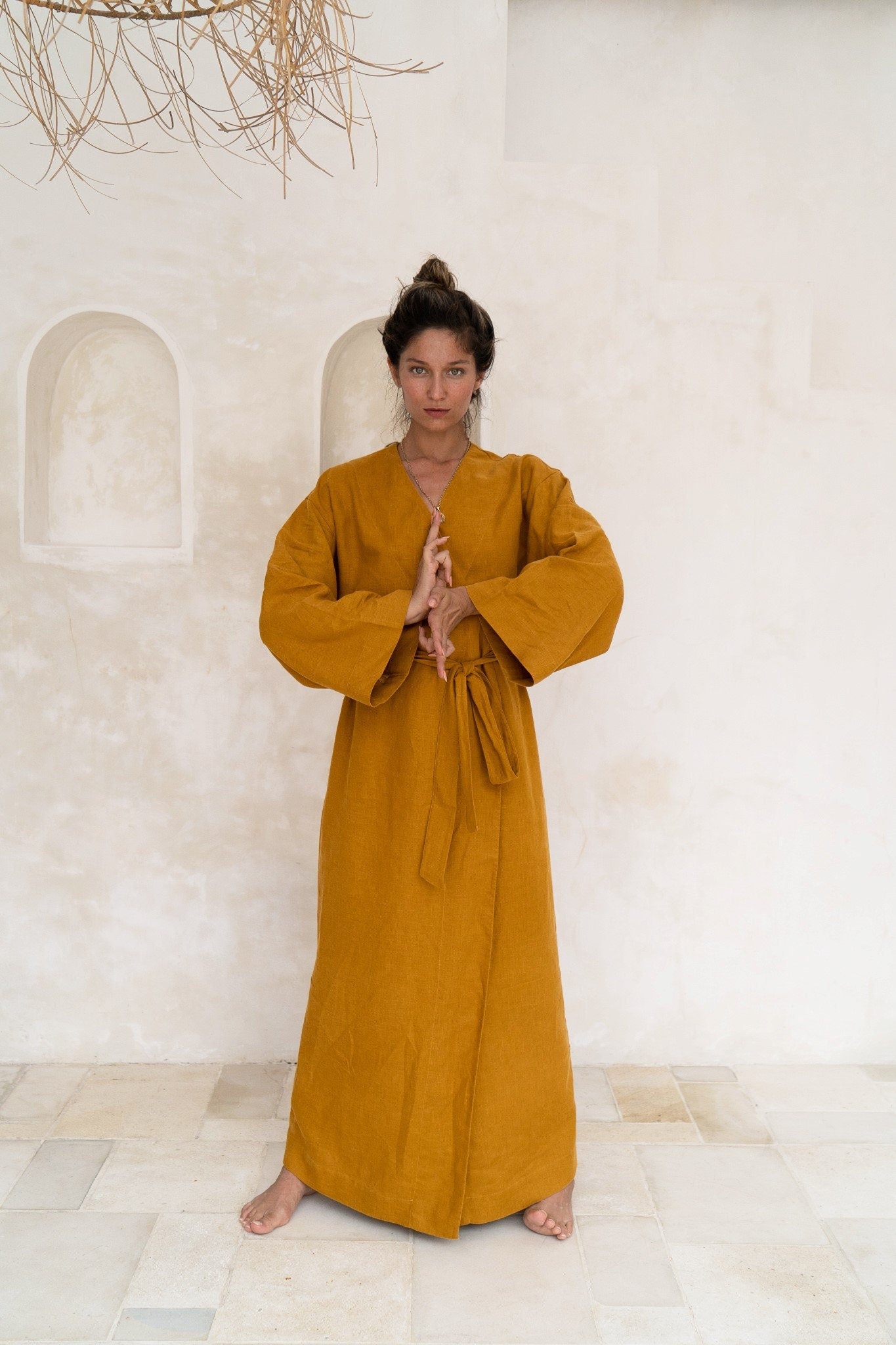 Cornflower linen kimono maxi dress Lexa Japanese kimono robe Softened linen long wrap dress Kimono wrap dress with belt Custom sizes