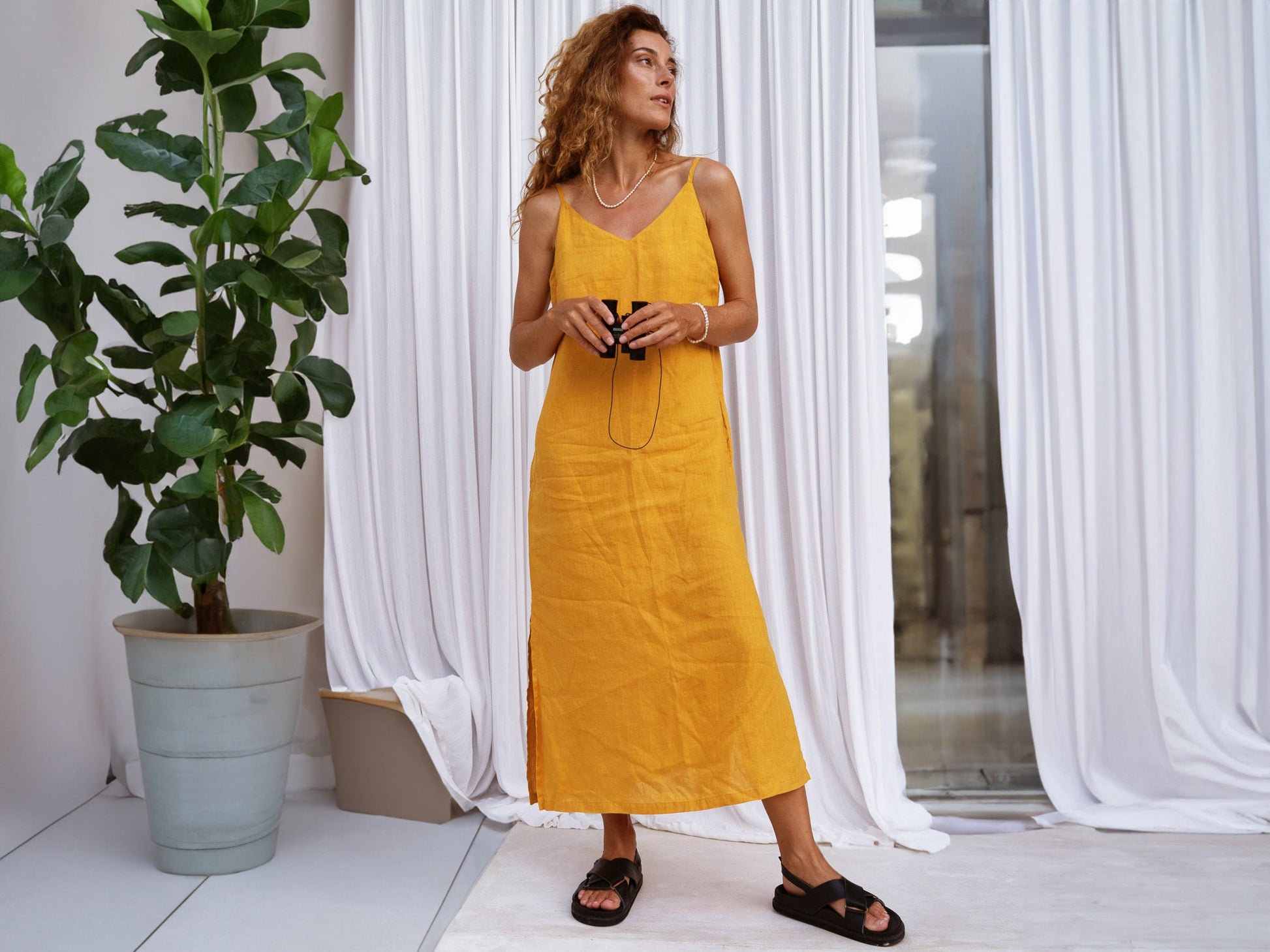 Marigold linen midi slip dress Anka Long strap cami dress Simple basic summer dress Minimalist casual pure linen dress Custom size