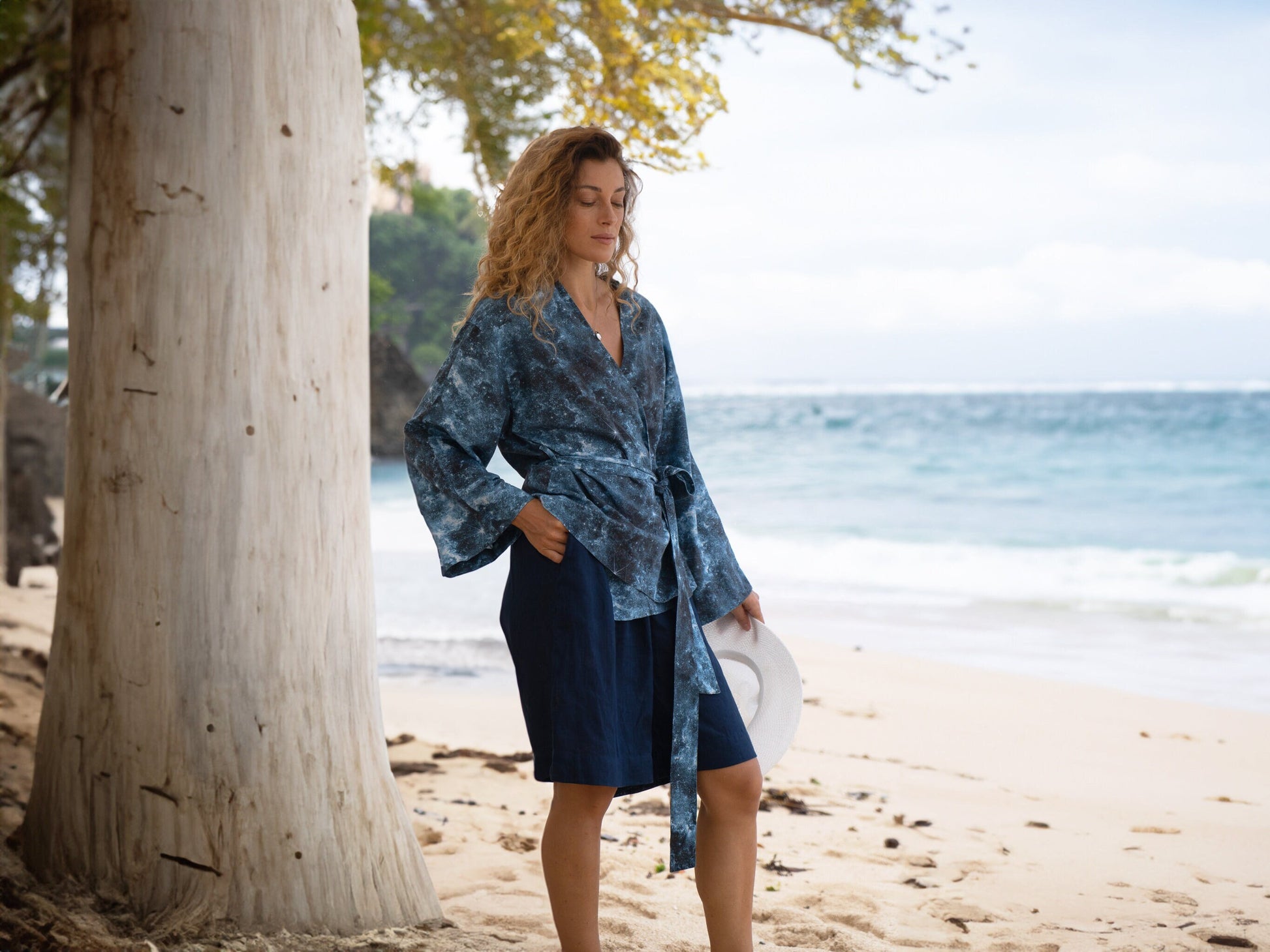 Linen kimono top Lexa with Universe print Wide sleeves wrap blouse with tie Loose cropped sleeves linen wrap top Japanese kimono jacket