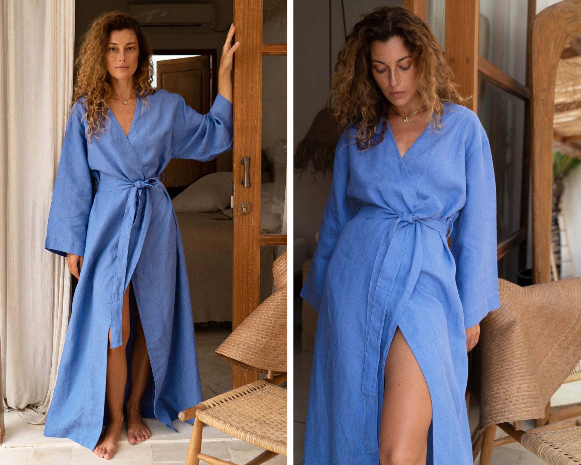 Cornflower linen kimono maxi dress Lexa Japanese kimono robe Softened linen long wrap dress Kimono wrap dress with belt Custom sizes