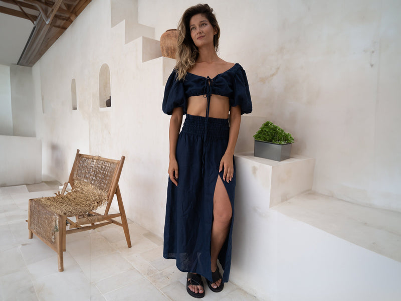 Navy linen set of wrap crop top and maxi skirt Kiara set Open back top with puffed sleeves loose high waist skirt Blue linen clothing