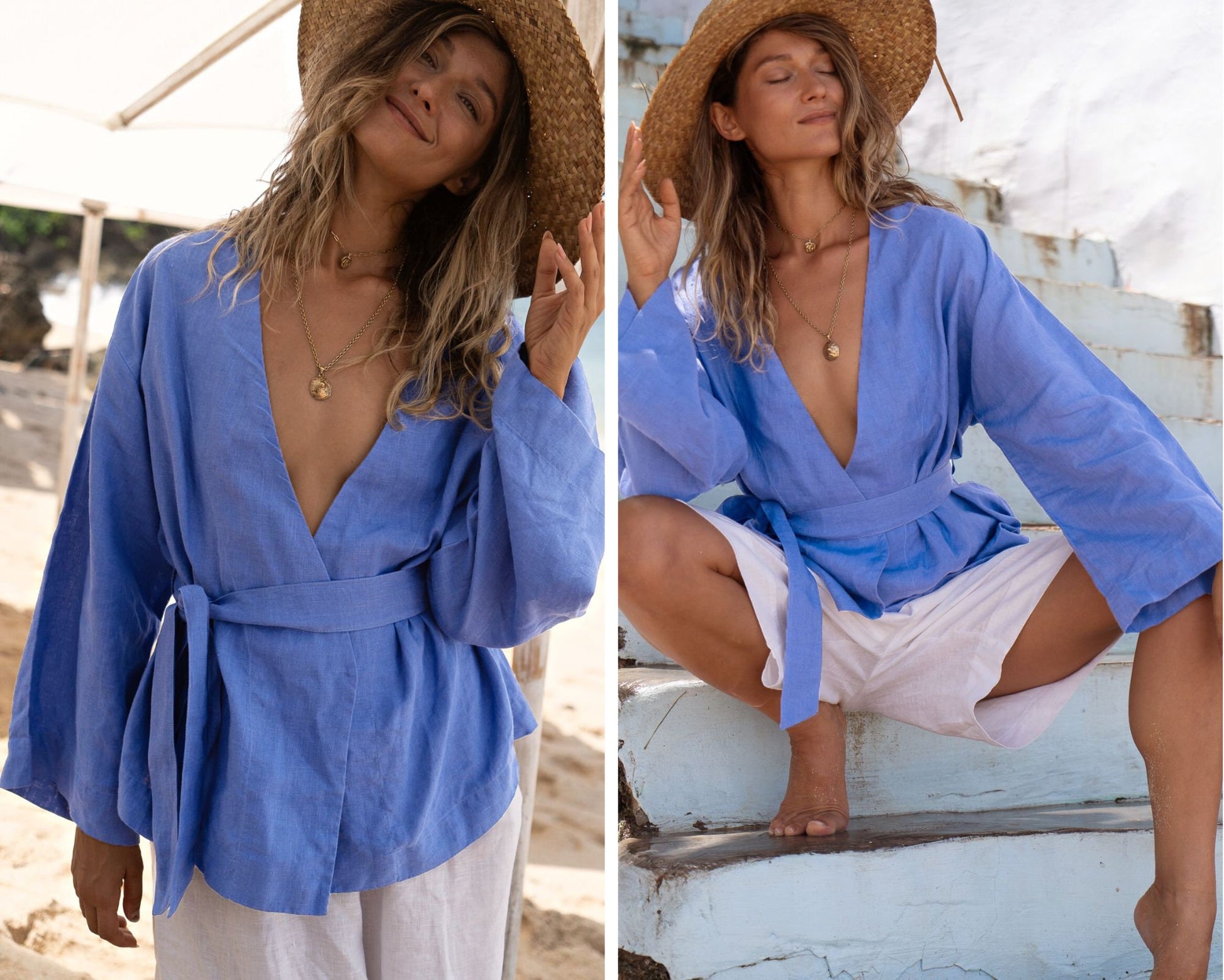 Cornflower linen kimono top Lexa Wide sleeves wrap blouse with tie Loose cropped sleeves linen wrap top Japanese kimono jacket
