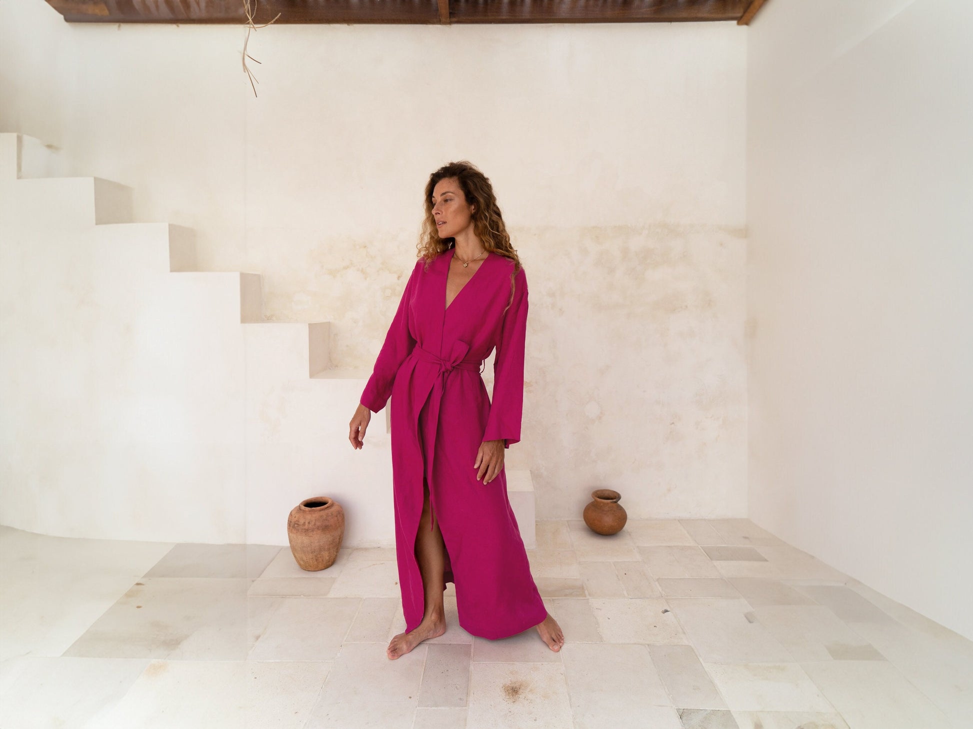 Fuchsia linen kimono maxi dress Lexa Japanese kimono robe Softened linen long wrap dress Kimono wrap dress with belt Custom sizes