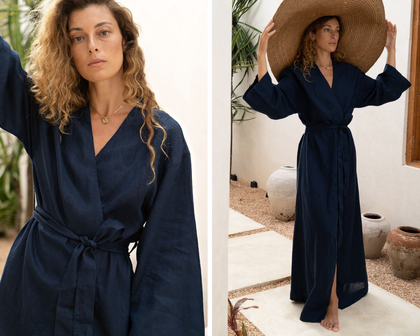 Navy linen kimono maxi dress Lexa Japanese kimono robe Softened linen long wrap dress Kimono wrap dress with belt Custom sizes