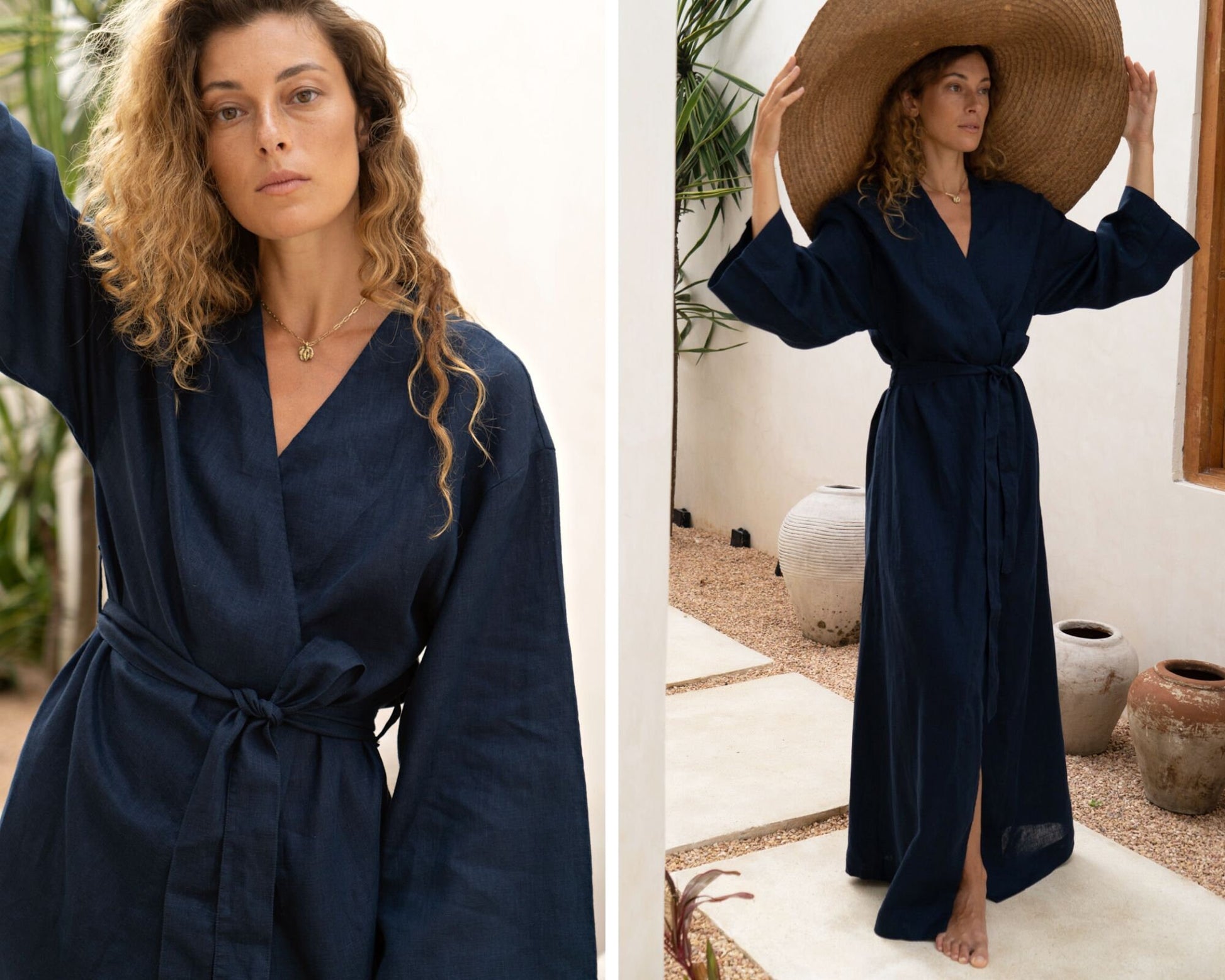 Navy linen kimono maxi dress Lexa Japanese kimono robe Softened linen long wrap dress Kimono wrap dress with belt Custom sizes