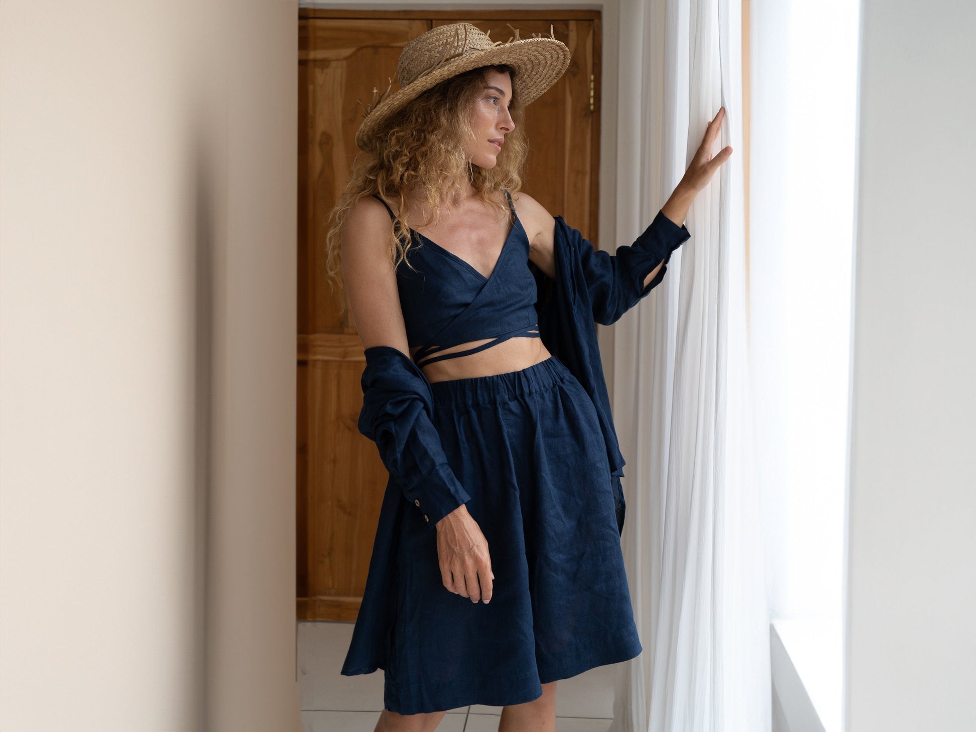 Navy linen set Kaia set Loose long sleeve linen shirt Kaia and high elastic waist shorts Samantha and wrap crop top Liana Custom sizes