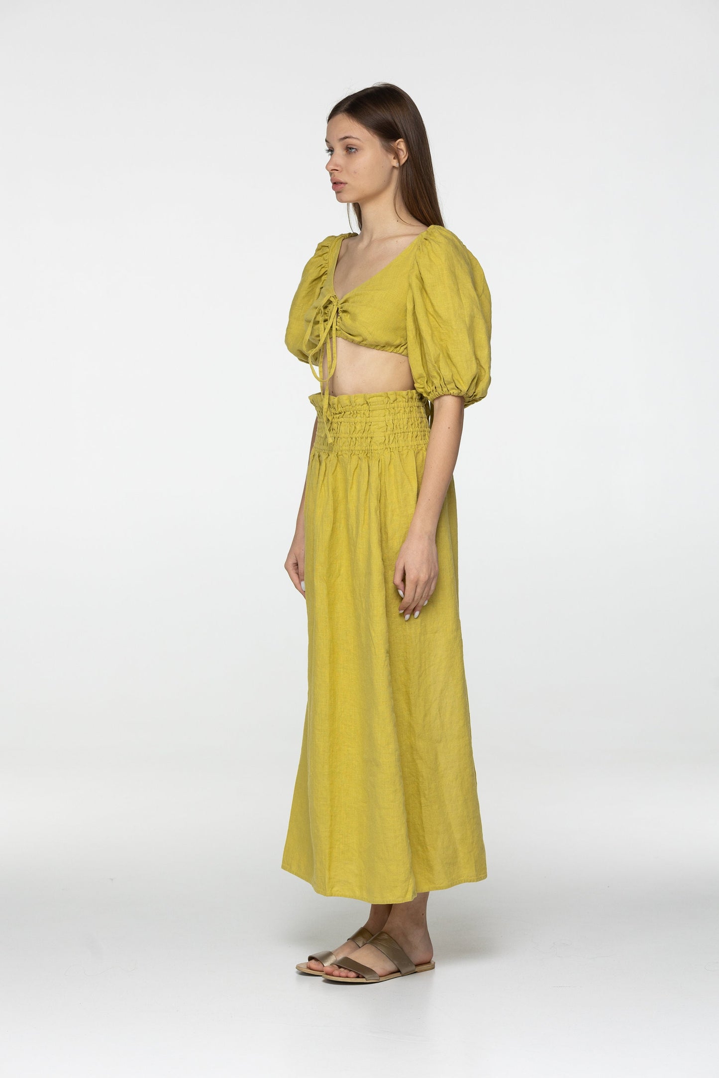 Lemon linen wrap crop top Jasmine Flax romantic open back top Linen clothing Elegant blouse with puffed sleeves Blue tie back top