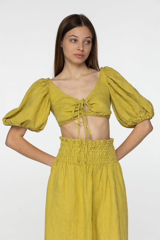 Lemon linen wrap crop top Jasmine Flax romantic open back top Linen clothing Elegant blouse with puffed sleeves Blue tie back top