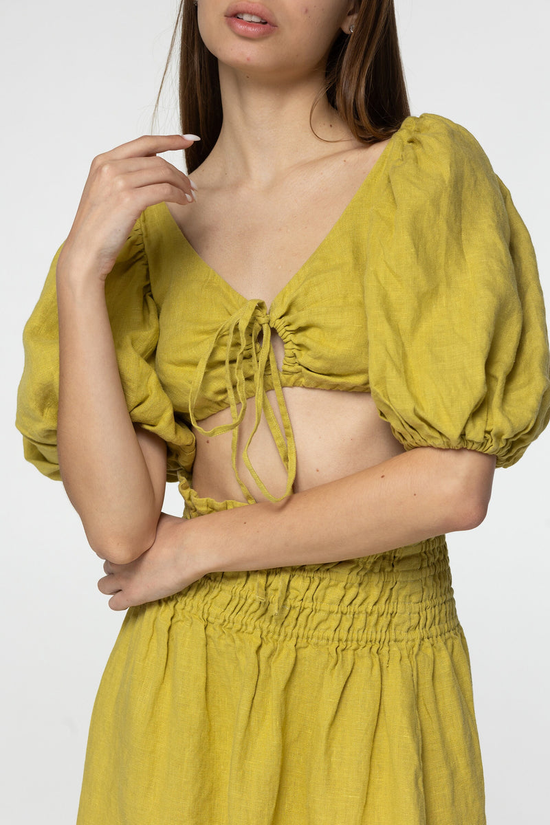 Citron linen set of wrap crop top and maxi skirt Kiara set Open back top with puffed sleeves loose high waist skirt Yellow linen clothing