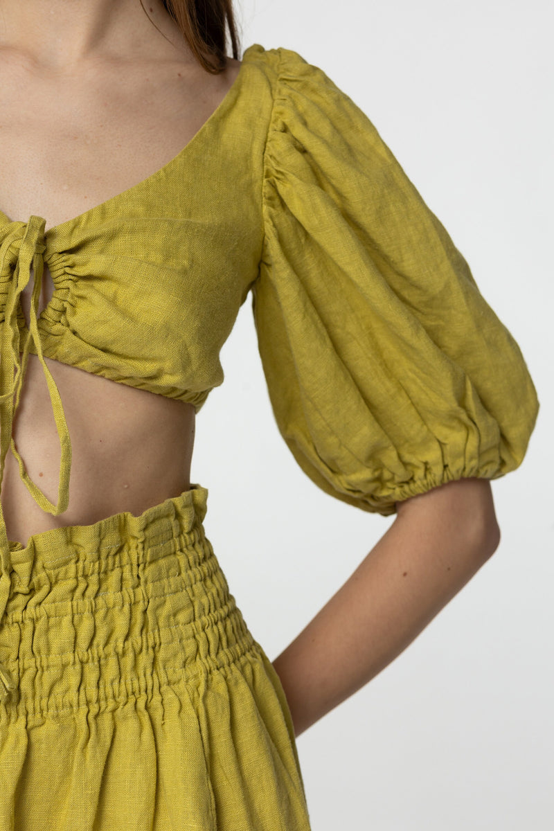 Citron linen set of wrap crop top and maxi skirt Kiara set Open back top with puffed sleeves loose high waist skirt Yellow linen clothing
