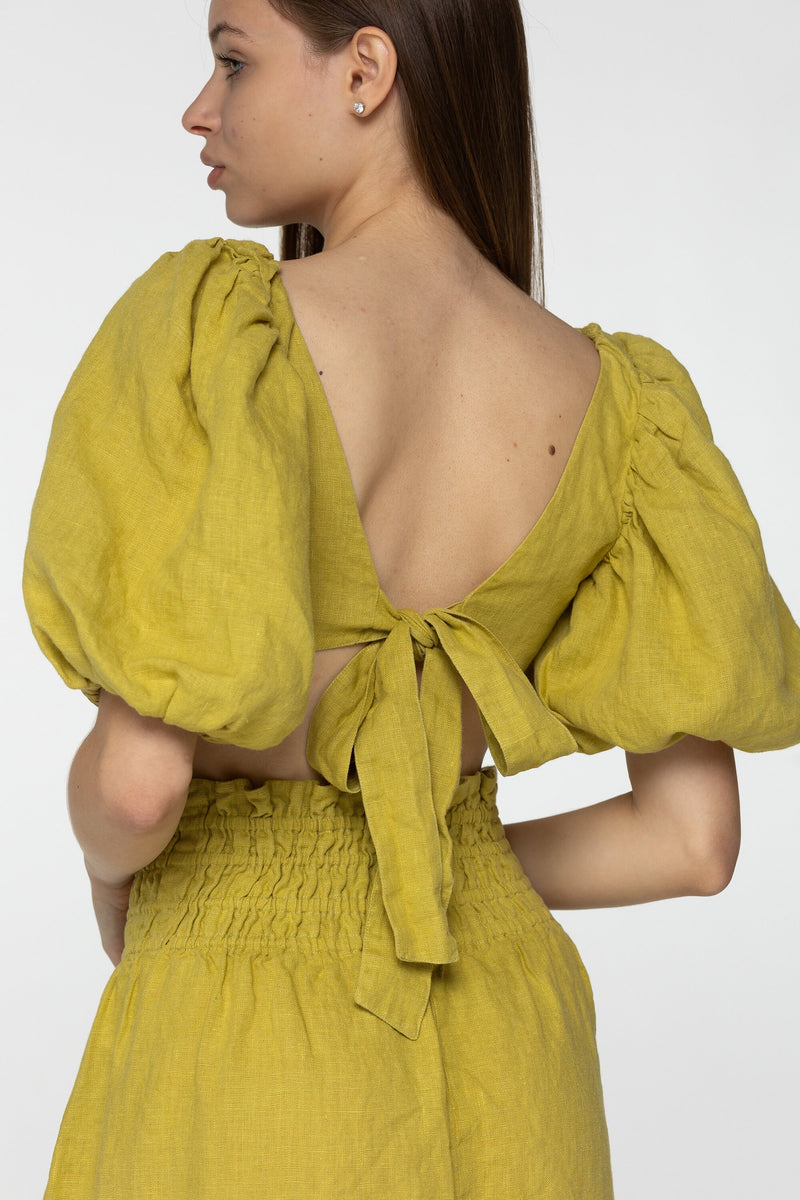 Citron linen set of wrap crop top and maxi skirt Kiara set Open back top with puffed sleeves loose high waist skirt Yellow linen clothing
