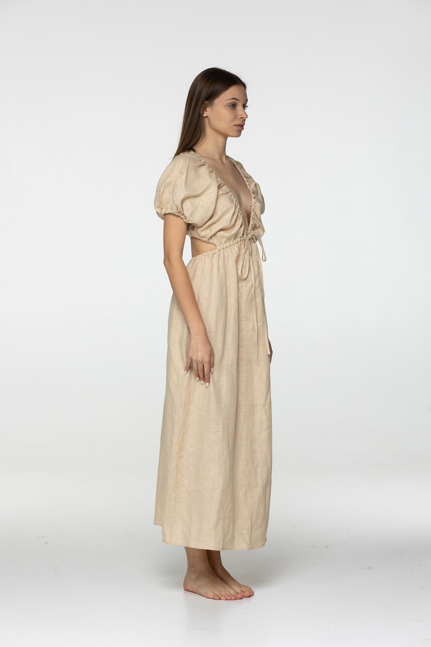 Oat linen dress Flora Plunging neckline open back long linen dress with puffy sleeves Low cut beige dress with plunge back Custom sizes