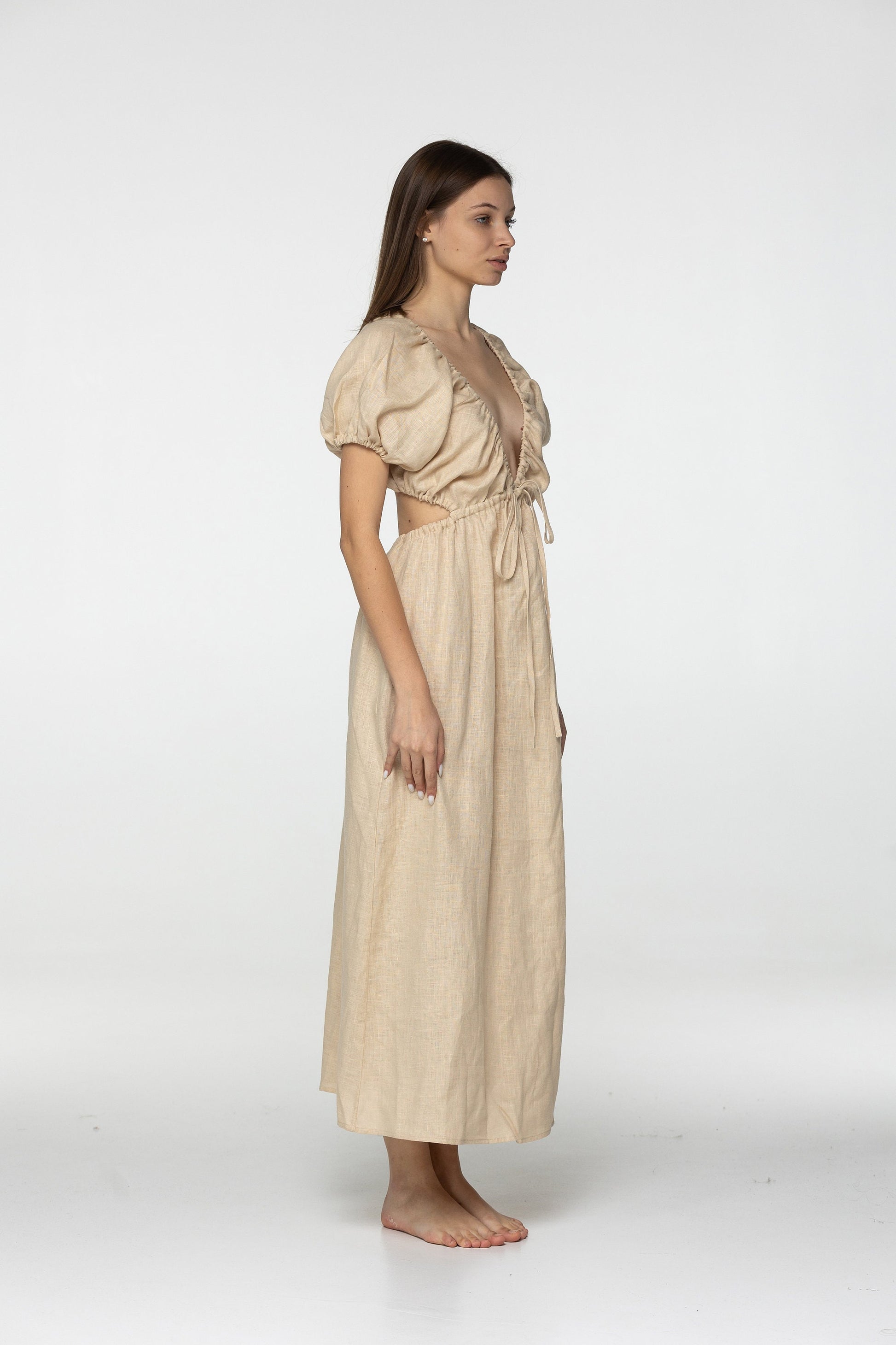 Oat linen dress Flora Plunging neckline open back long linen dress with puffy sleeves Low cut beige dress with plunge back Custom sizes