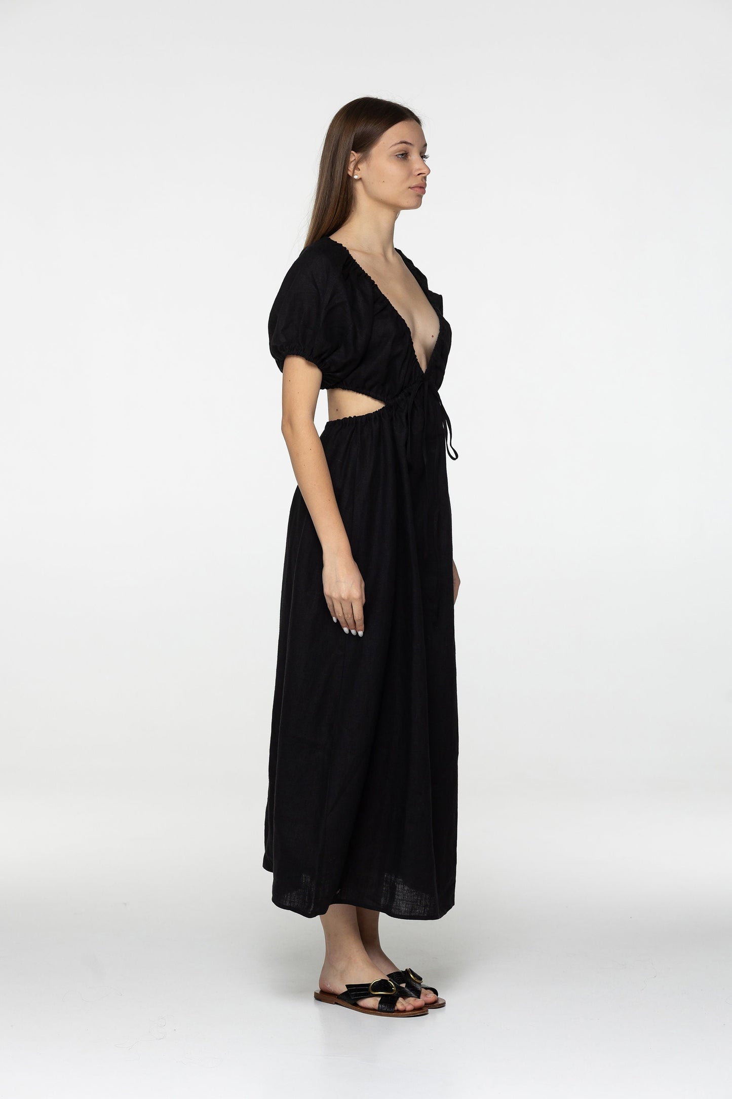 Black linen dress Flora Plunging neckline open back long linen dress with puffy sleeves Low cut linen dress with plunge back Custom sizes
