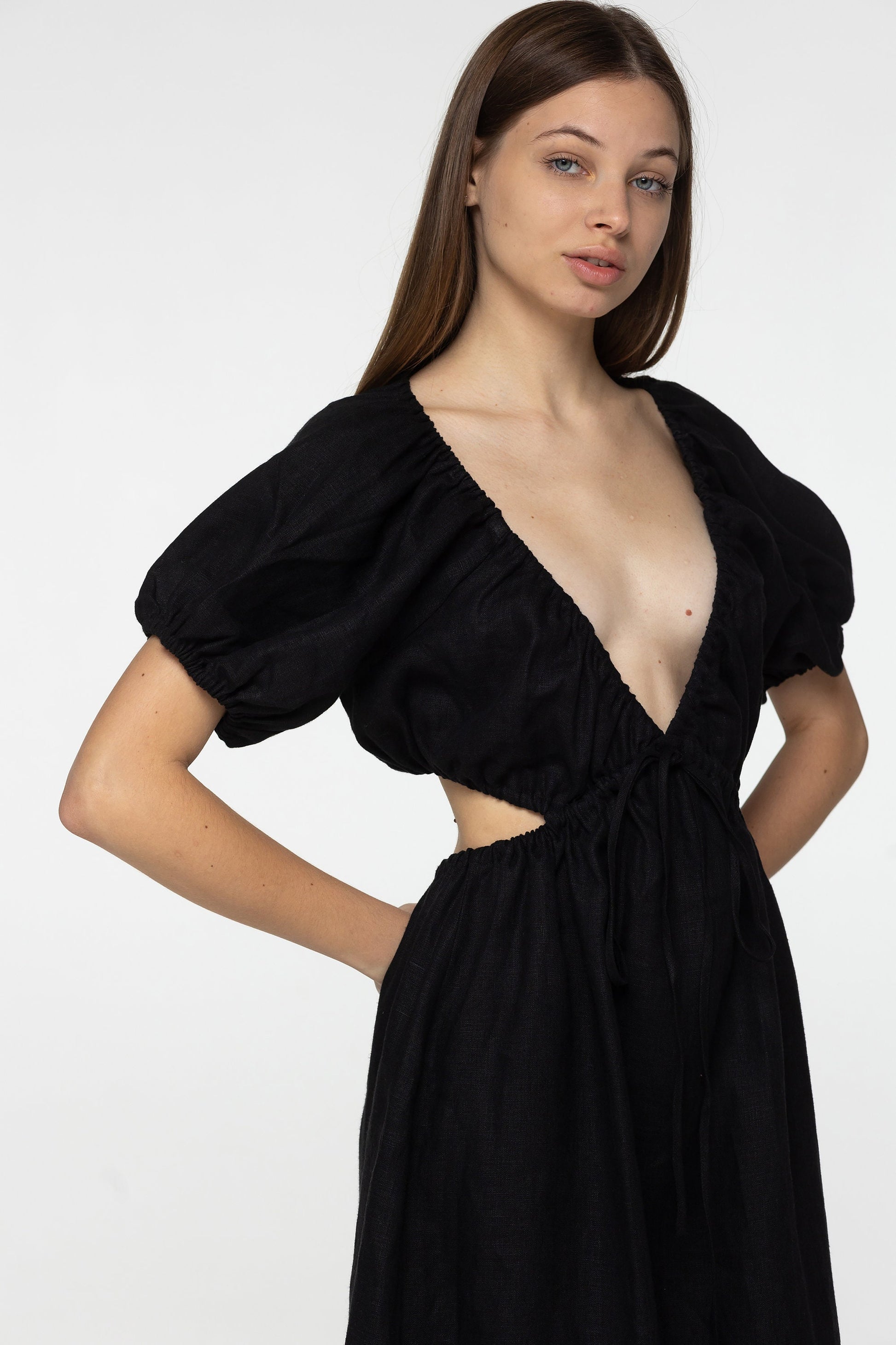 Black linen dress Flora Plunging neckline open back long linen dress with puffy sleeves Low cut linen dress with plunge back Custom sizes