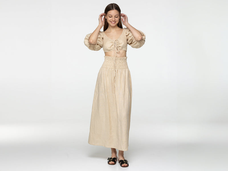 Oat linen set of wrap crop top and maxi skirt Kiara set Open back top with puffed sleeves loose high waist skirt Beige linen clothing