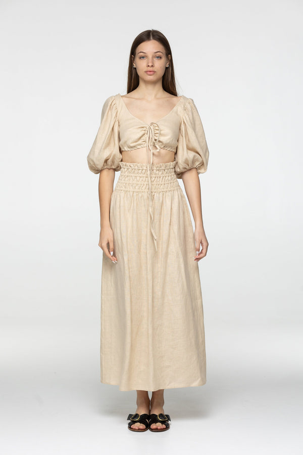 Oat linen set of wrap crop top and maxi skirt Kiara set Open back top with puffed sleeves loose high waist skirt Beige linen clothing
