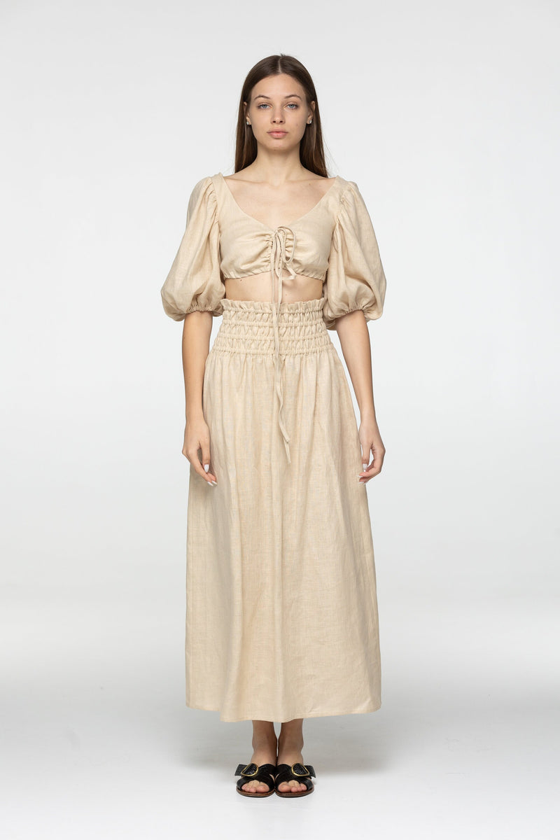 Oat linen set of wrap crop top and maxi skirt Kiara set Open back top with puffed sleeves loose high waist skirt Beige linen clothing