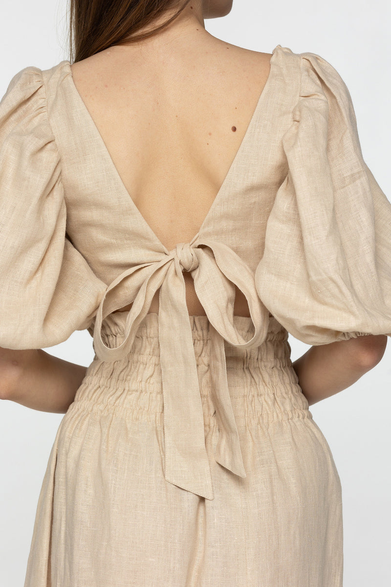 Oat linen set of wrap crop top and maxi skirt Kiara set Open back top with puffed sleeves loose high waist skirt Beige linen clothing