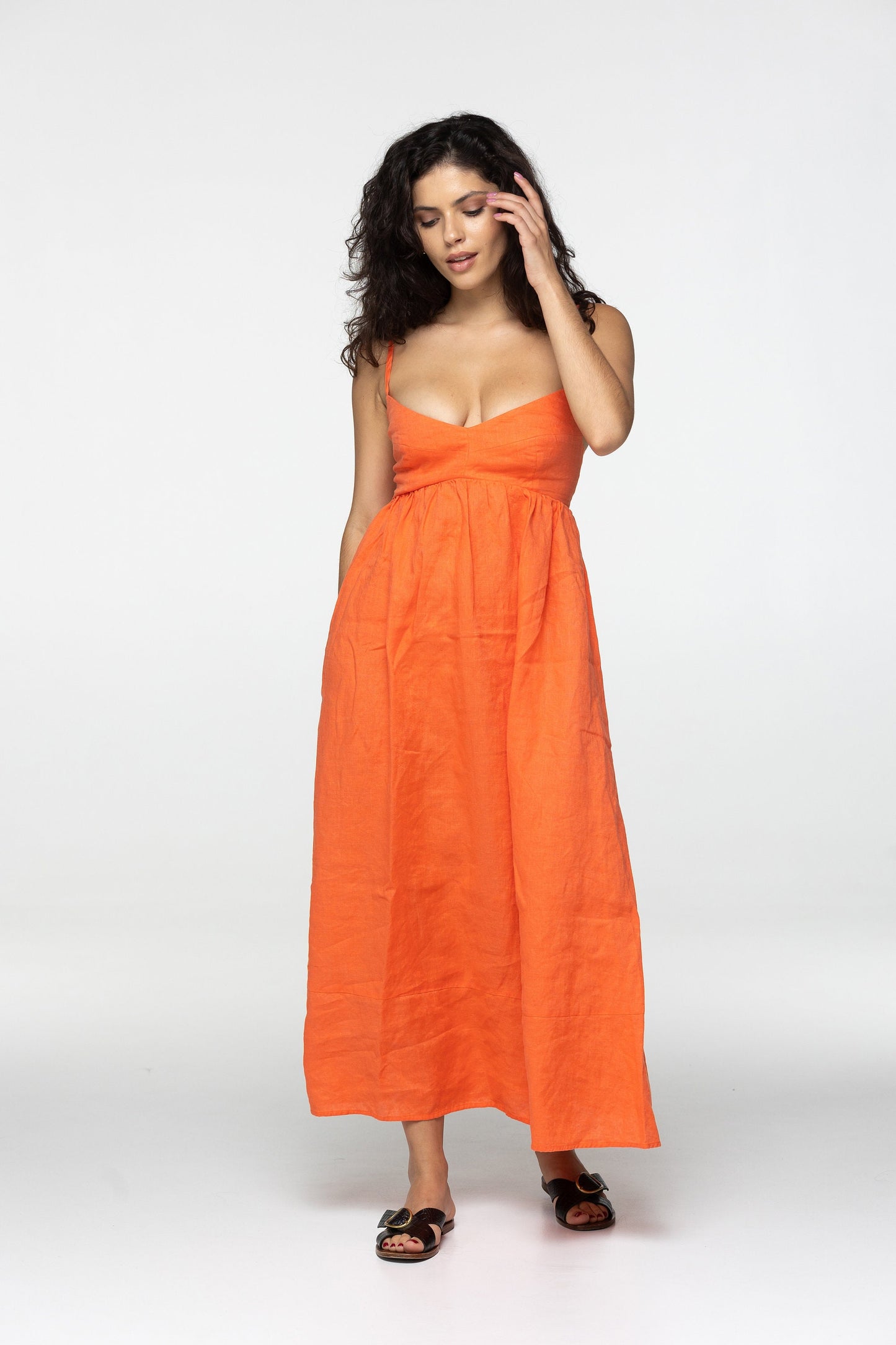 Tangerine linen maxi slip dress Jane Long strap cami dress Simple basic summer dress Minimalist casual pure linen dress Custom size
