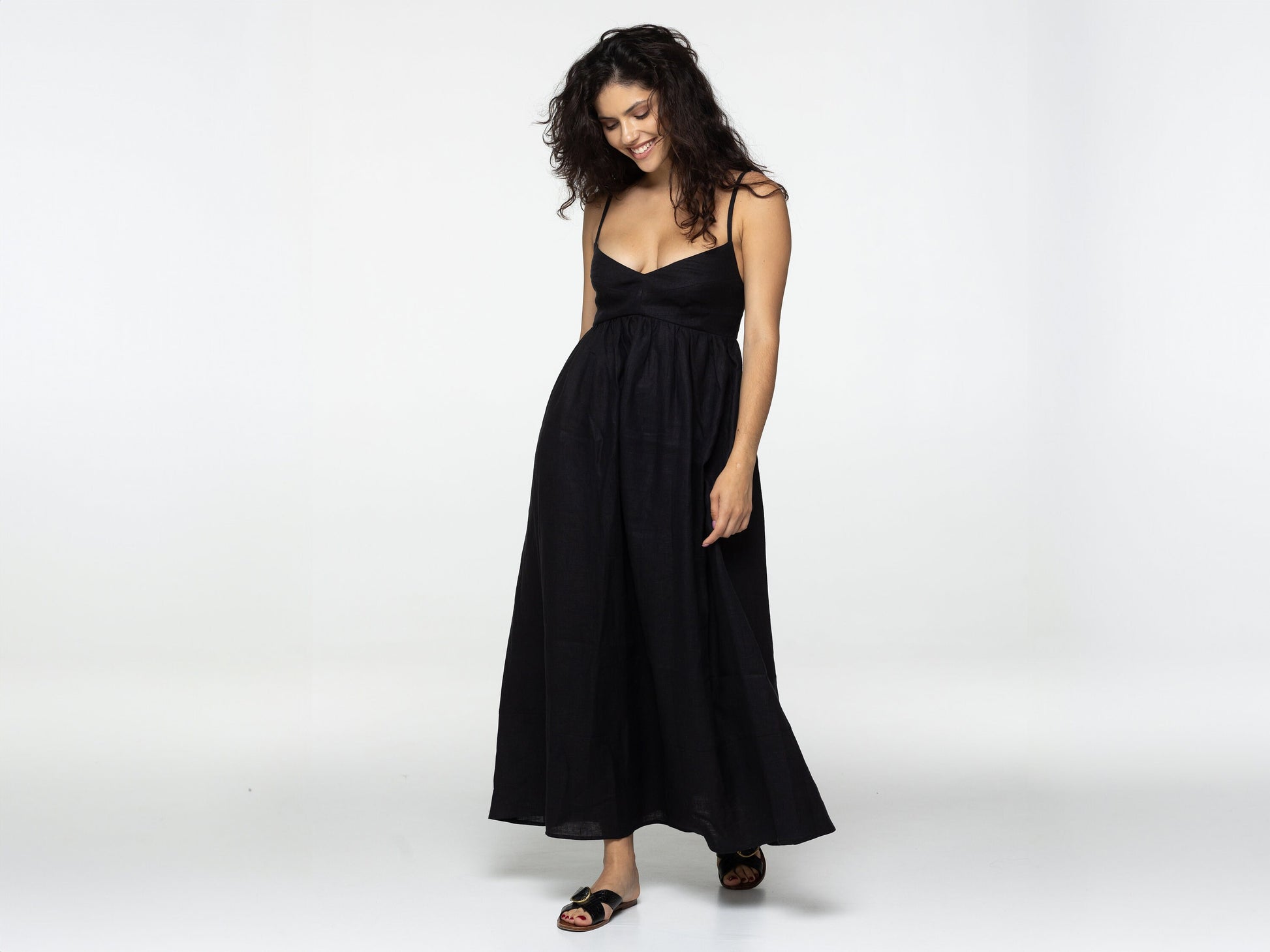 Black linen maxi slip dress Jane Long strap cami dress Simple basic summer dress Minimalist casual pure linen dress Custom size