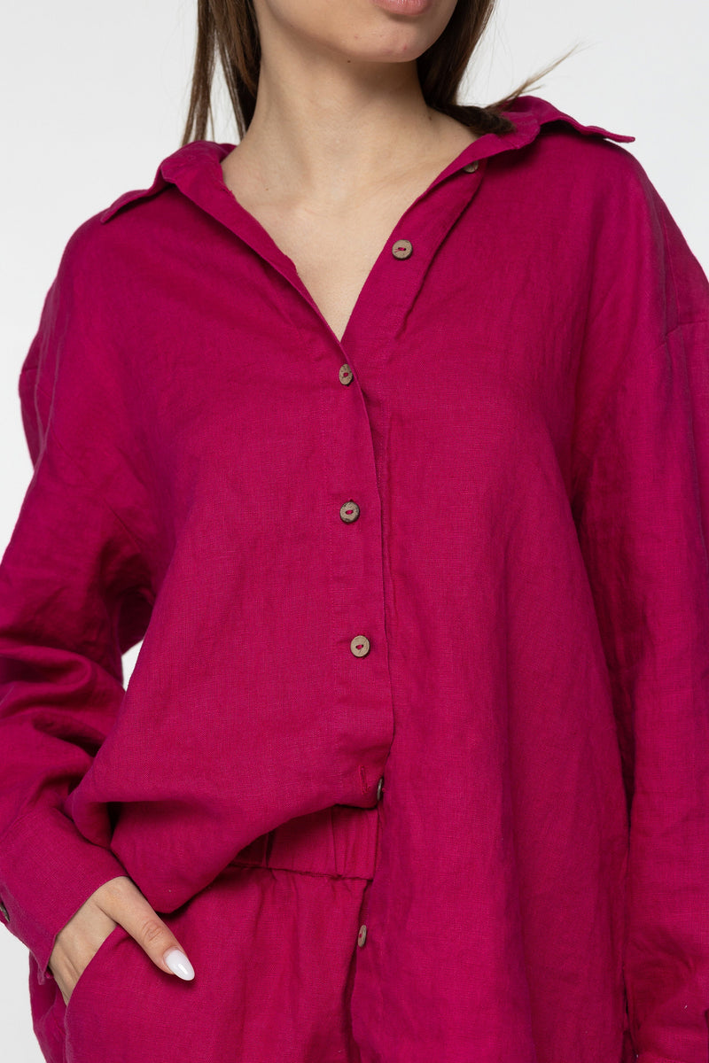 Fuchsia long sleeve linen shirt Kaia Casual oversized button down blouse Loose linen blouse Coconut buttons Mom gift Custom sizes