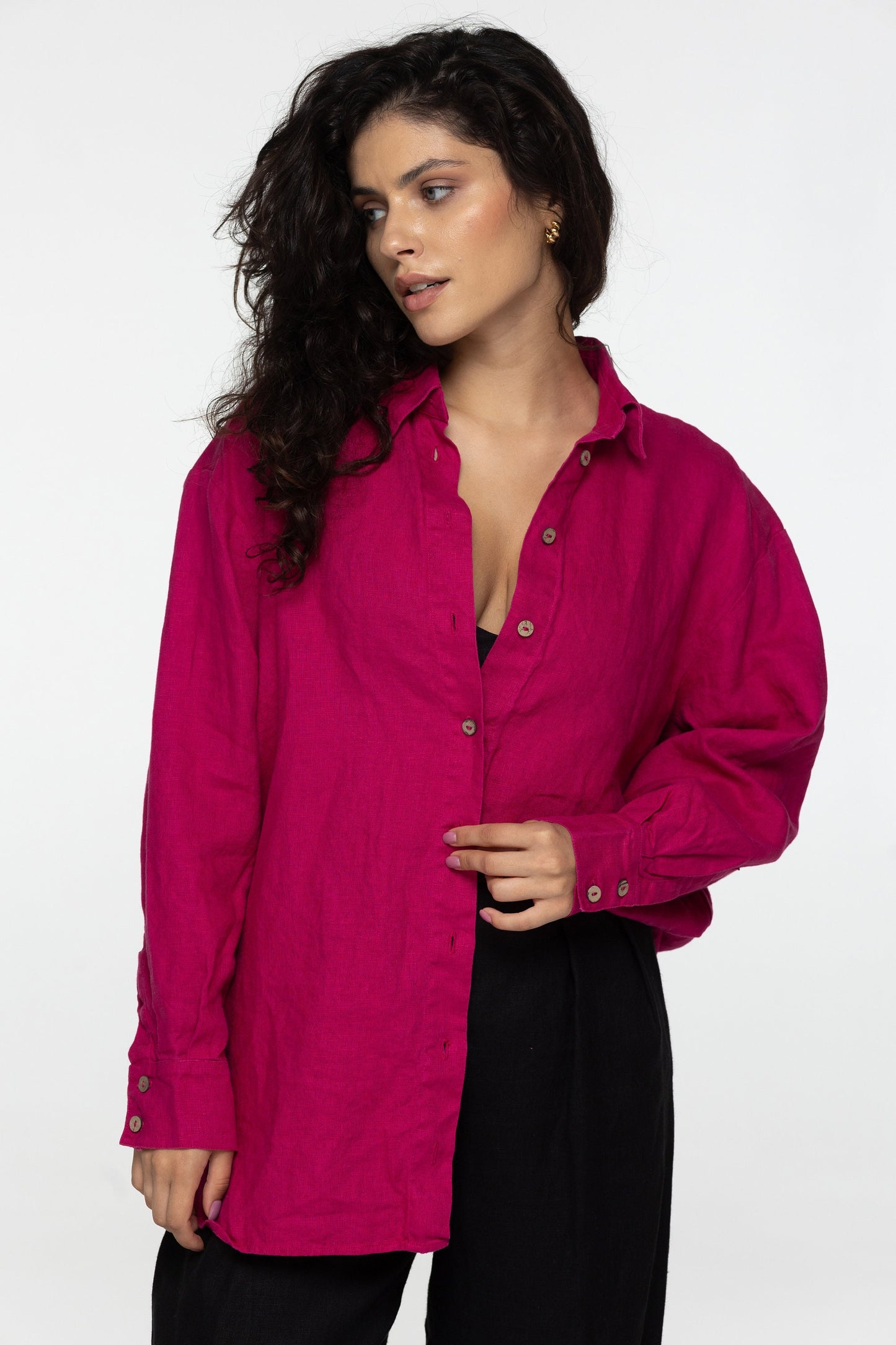 Fuchsia long sleeve linen shirt Kaia Casual oversized button down blouse Loose linen blouse Coconut buttons Mom gift Custom sizes
