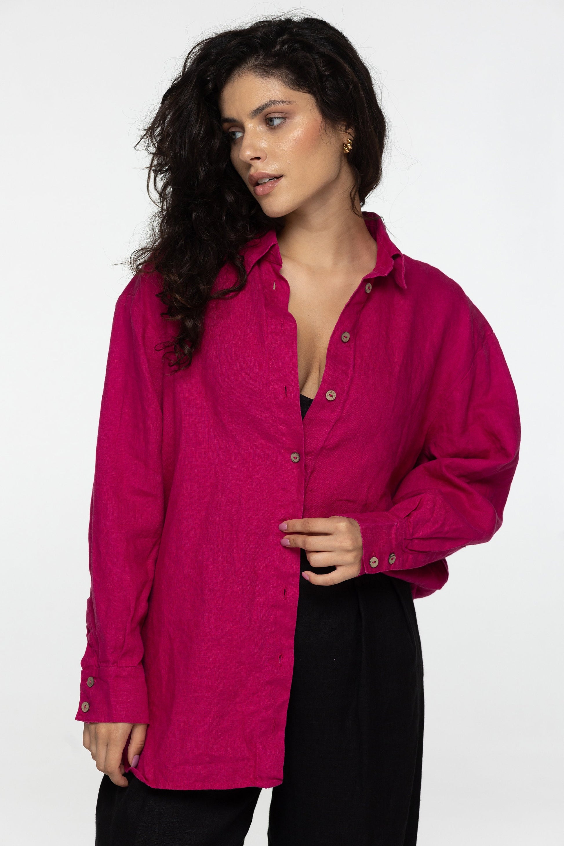Fuchsia long sleeve linen shirt Kaia Casual oversized button down blouse Loose linen blouse Coconut buttons Mom gift Custom sizes