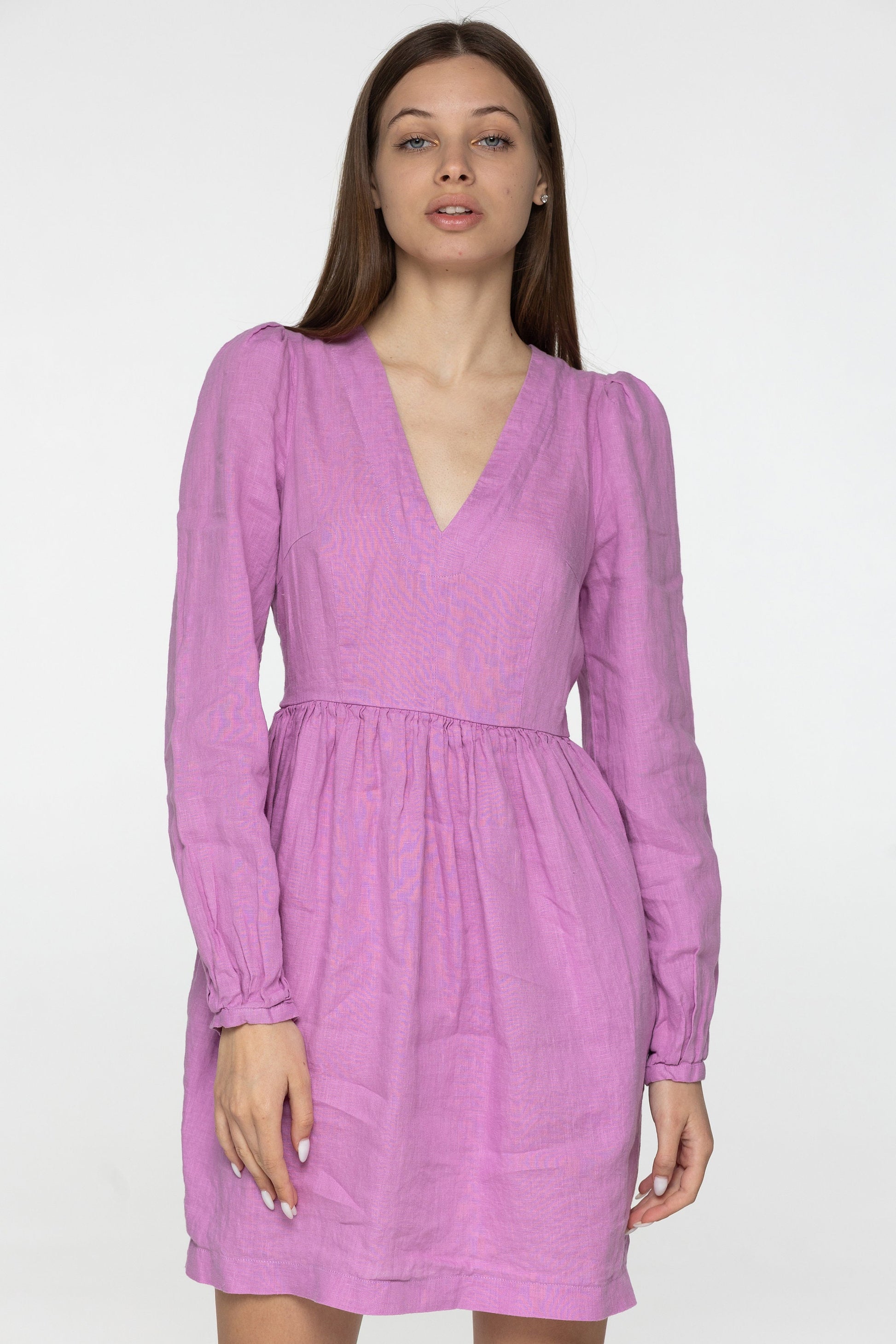 Flamingo linen mini dress Sophia Linen v neck long lantern sleeves romantic style dress Short pink linen dress with pockets Plus sizes