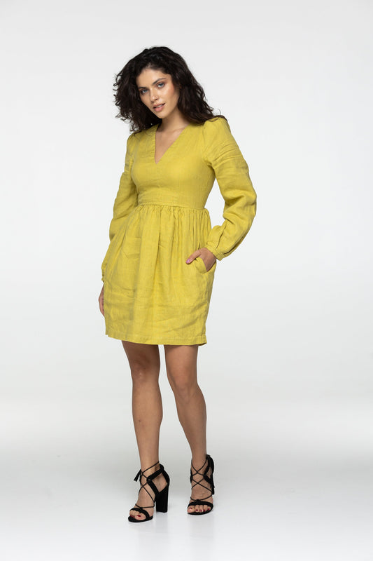 Lemon linen mini dress Sophia Linen v neck long lantern sleeves romantic style dress Short green linen dress with pockets Plus sizes