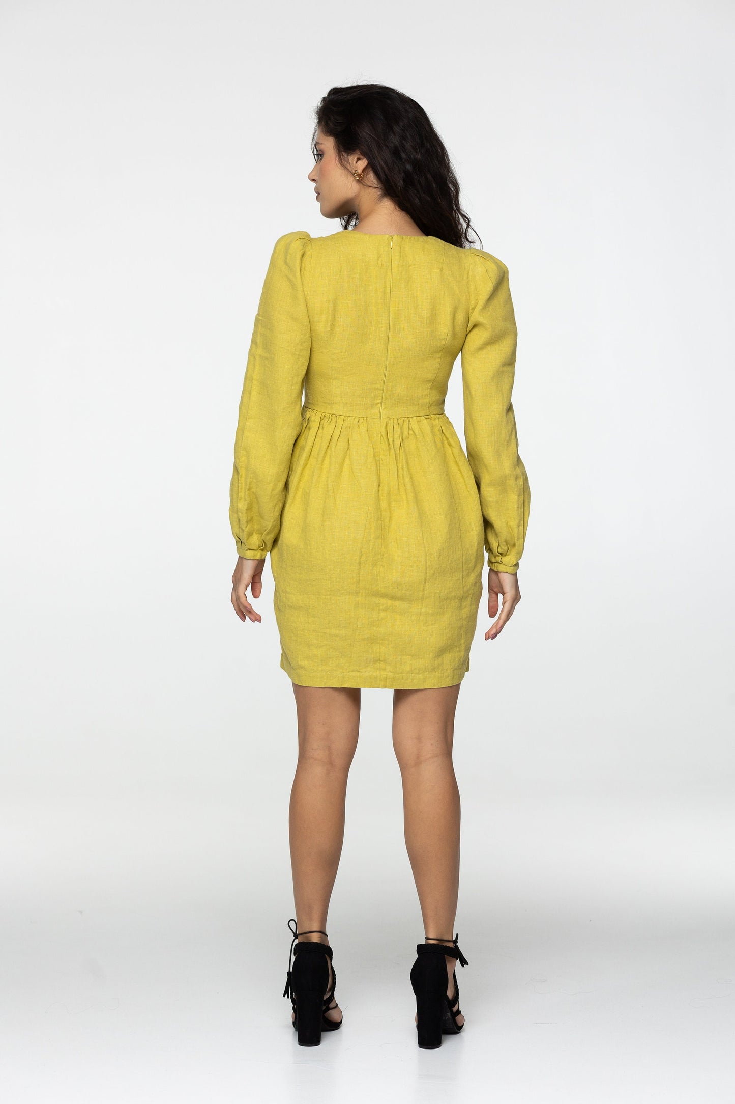 Lemon linen mini dress Sophia Linen v neck long lantern sleeves romantic style dress Short green linen dress with pockets Plus sizes