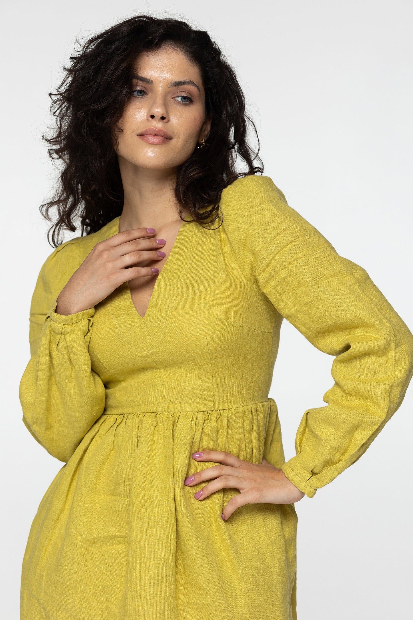 Lemon linen mini dress Sophia Linen v neck long lantern sleeves romantic style dress Short green linen dress with pockets Plus sizes