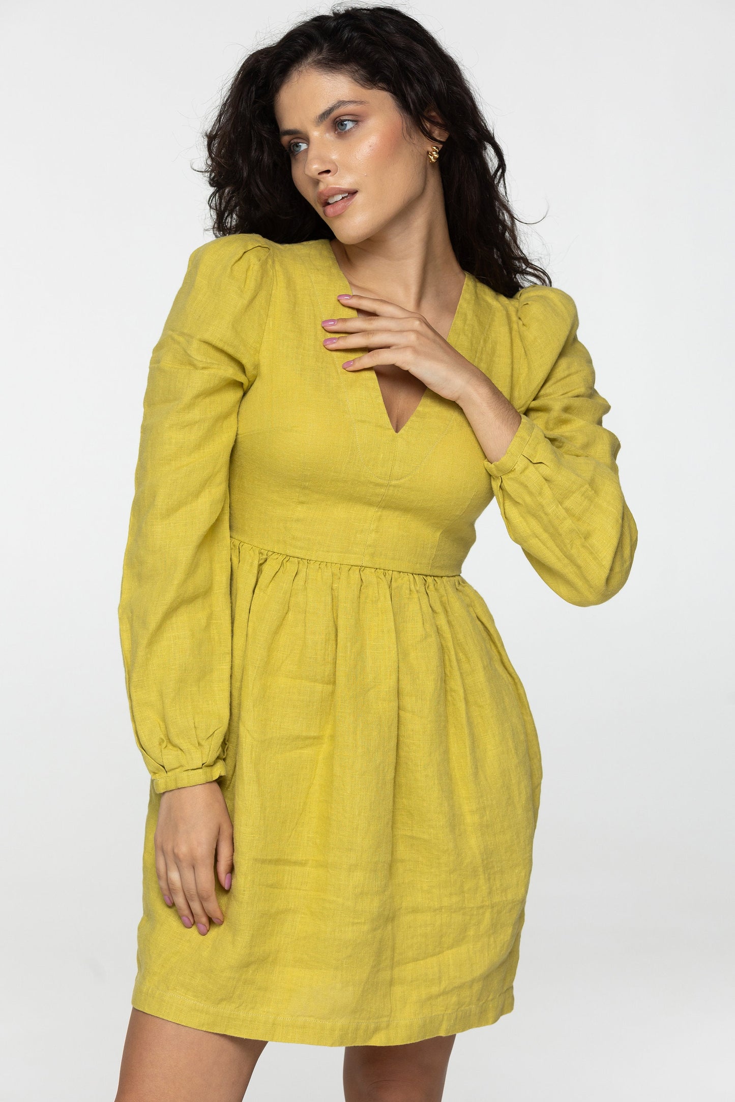 Lemon linen mini dress Sophia Linen v neck long lantern sleeves romantic style dress Short green linen dress with pockets Plus sizes