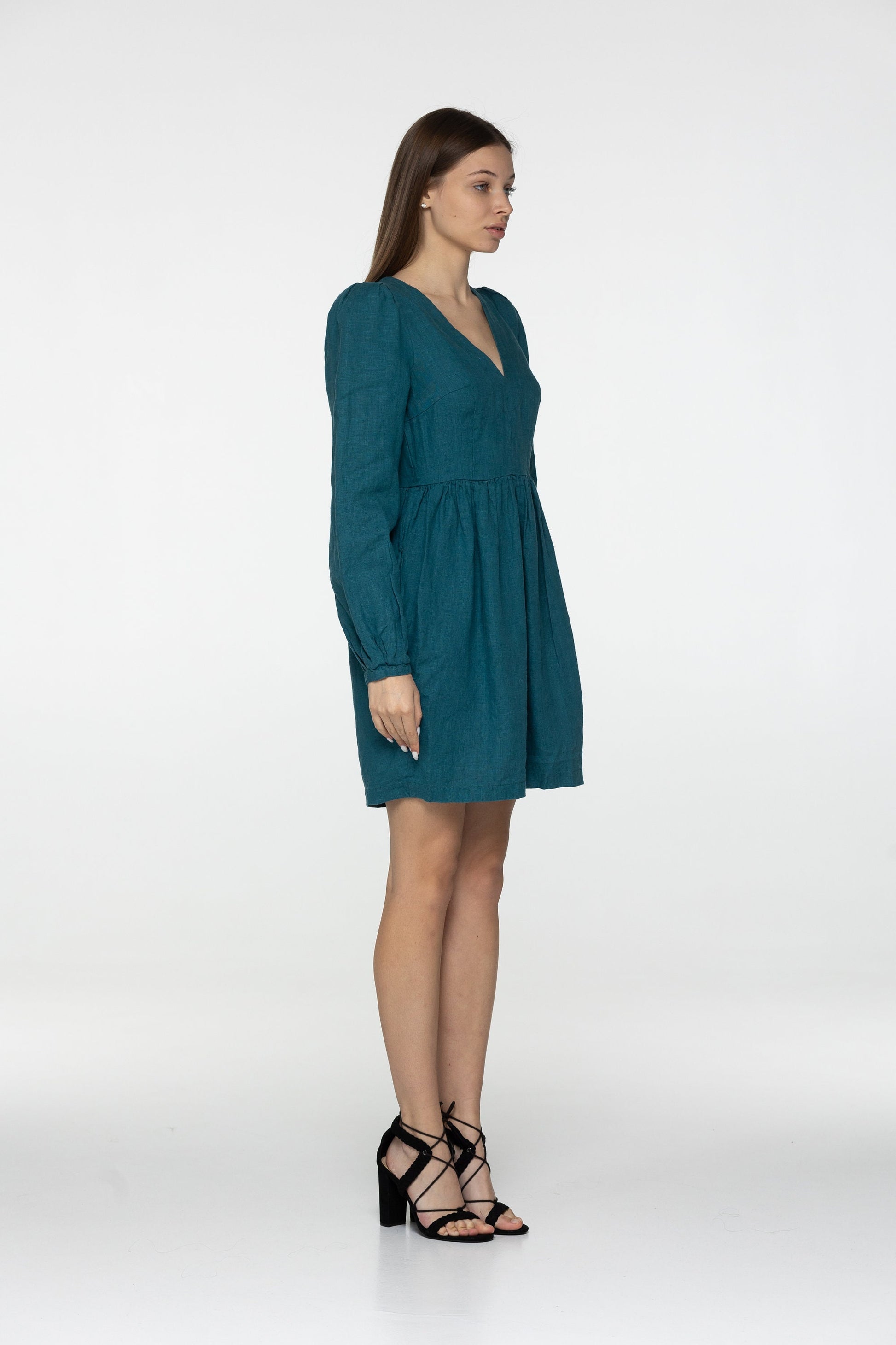 Teal linen mini dress Sophia Linen v neck long lantern sleeves romantic style dress Short blue linen dress with pockets Plus sizes