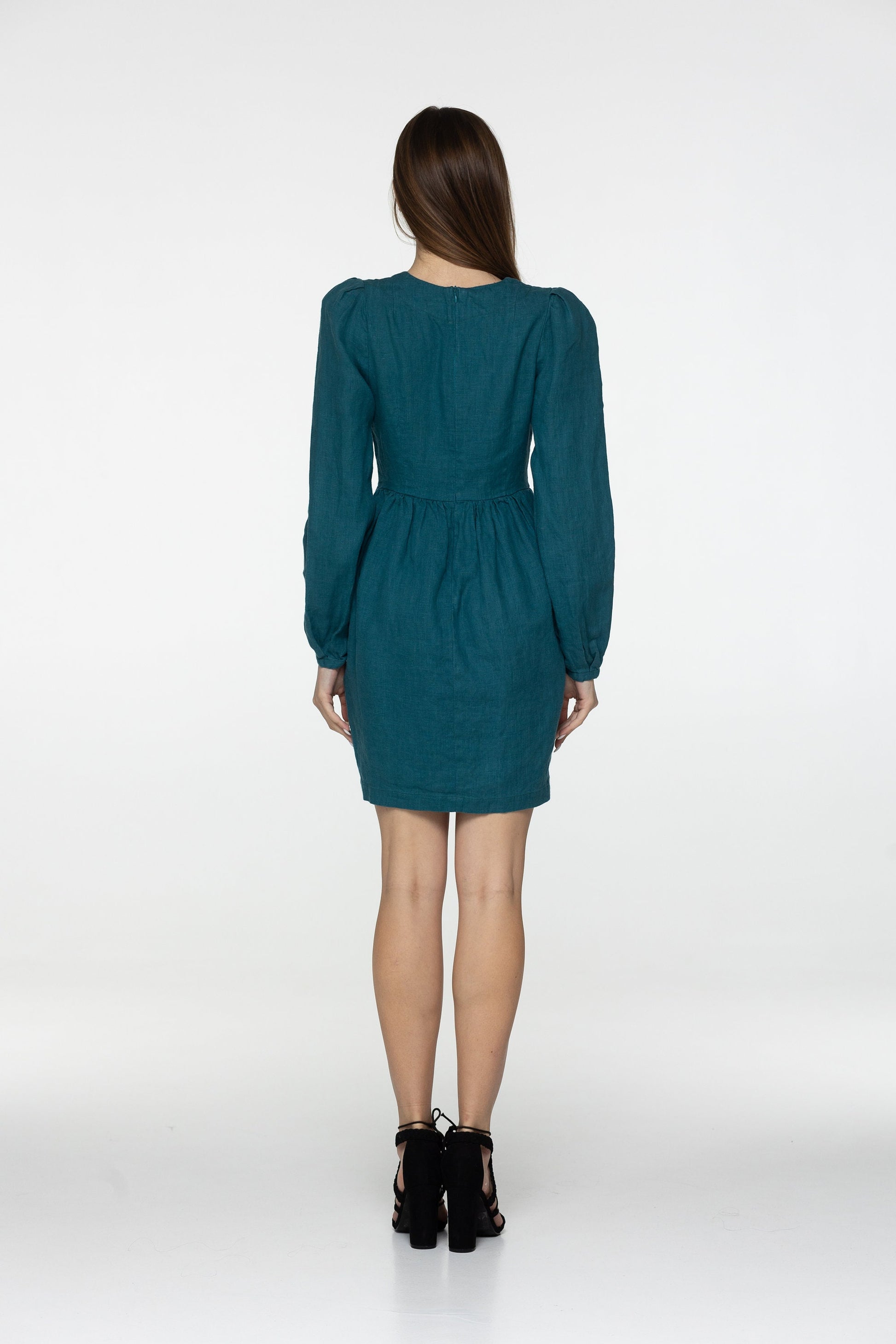 Teal linen mini dress Sophia Linen v neck long lantern sleeves romantic style dress Short blue linen dress with pockets Plus sizes