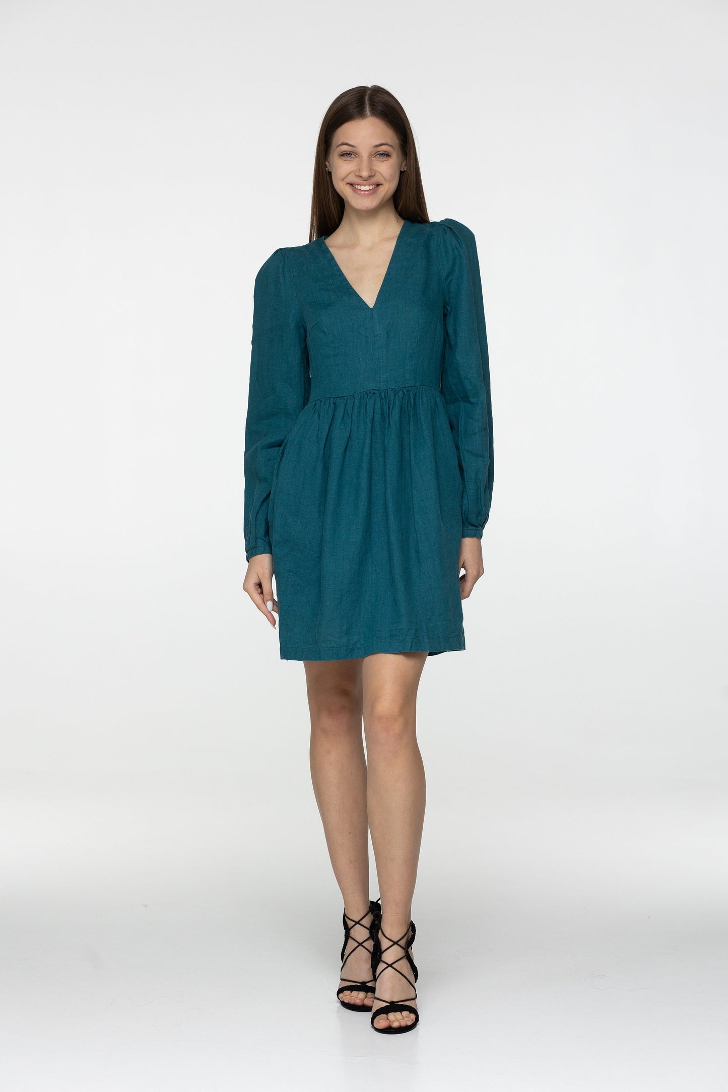 Teal linen mini dress Sophia Linen v neck long lantern sleeves romantic style dress Short blue linen dress with pockets Plus sizes