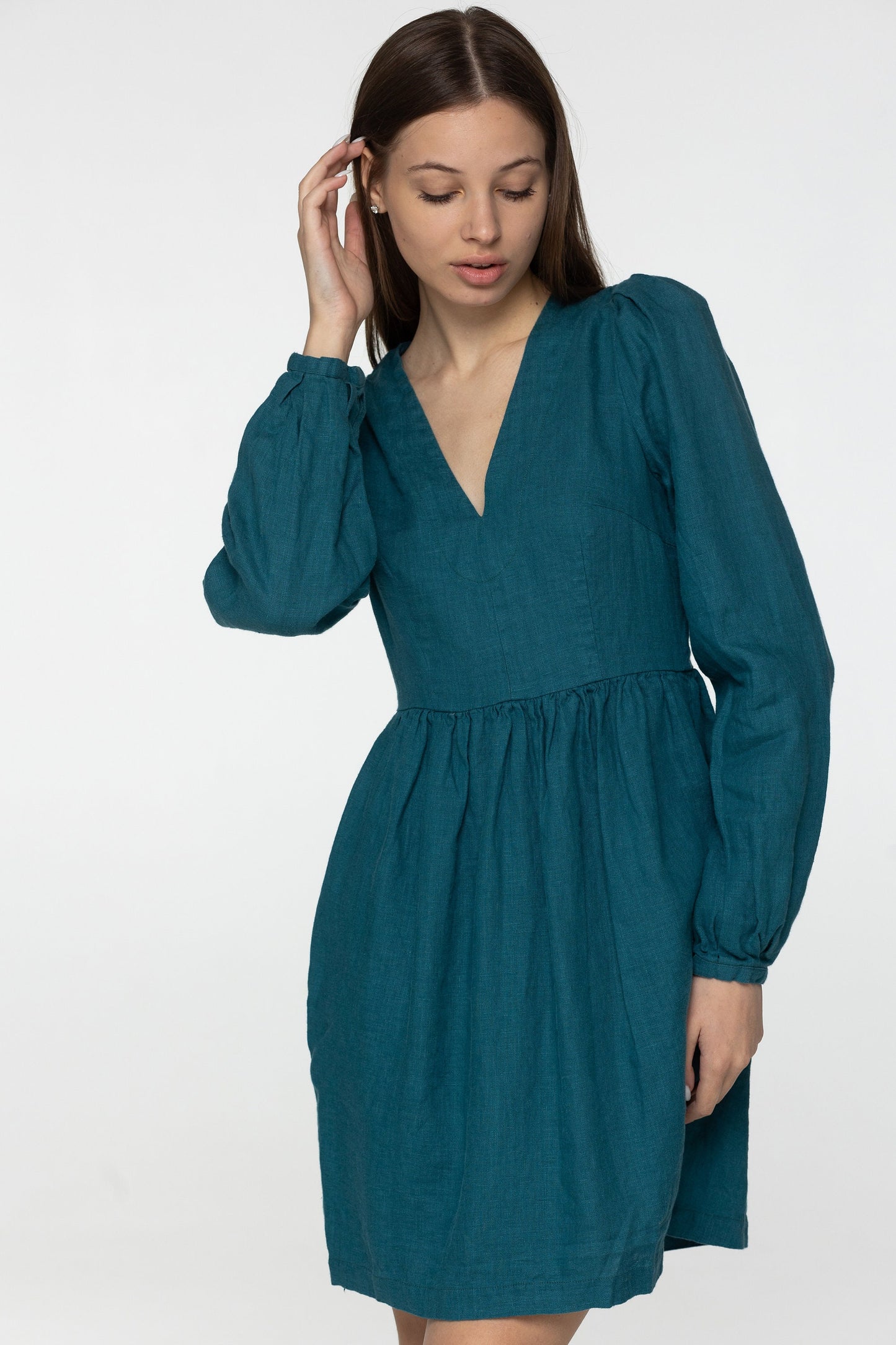 Teal linen mini dress Sophia Linen v neck long lantern sleeves romantic style dress Short blue linen dress with pockets Plus sizes