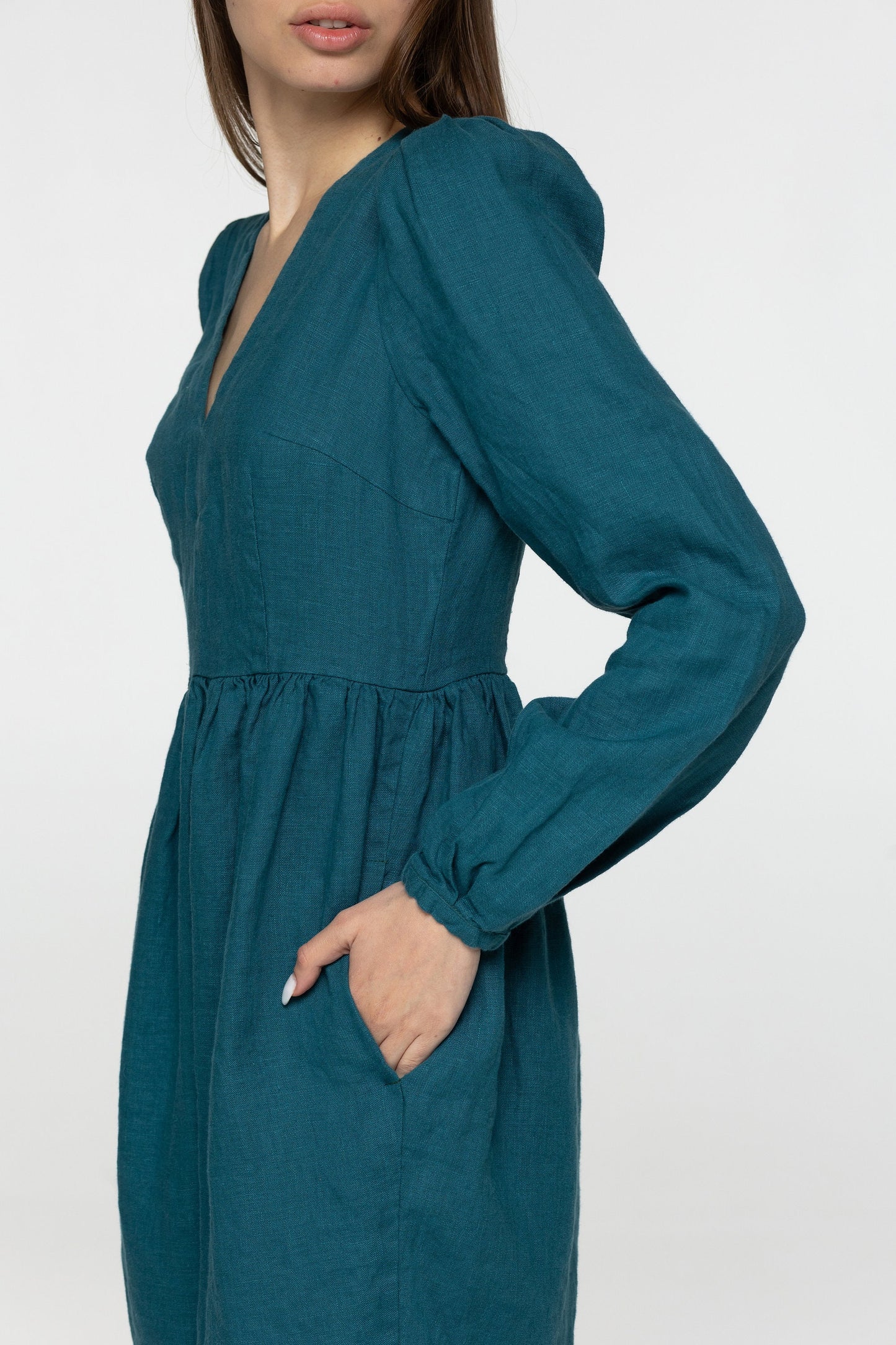 Teal linen mini dress Sophia Linen v neck long lantern sleeves romantic style dress Short blue linen dress with pockets Plus sizes