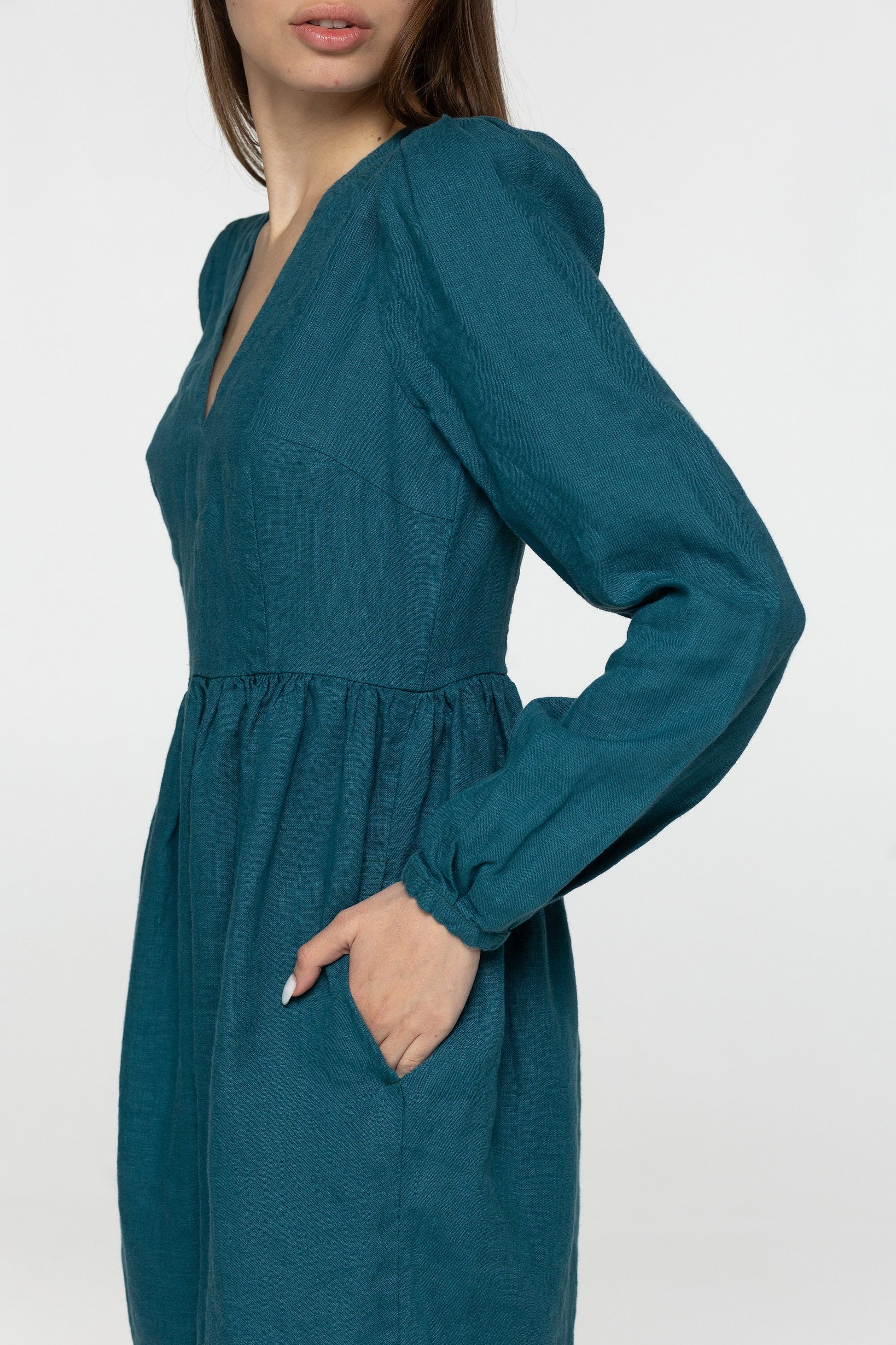 Teal linen mini dress Sophia Linen v neck long lantern sleeves romantic style dress Short blue linen dress with pockets Plus sizes